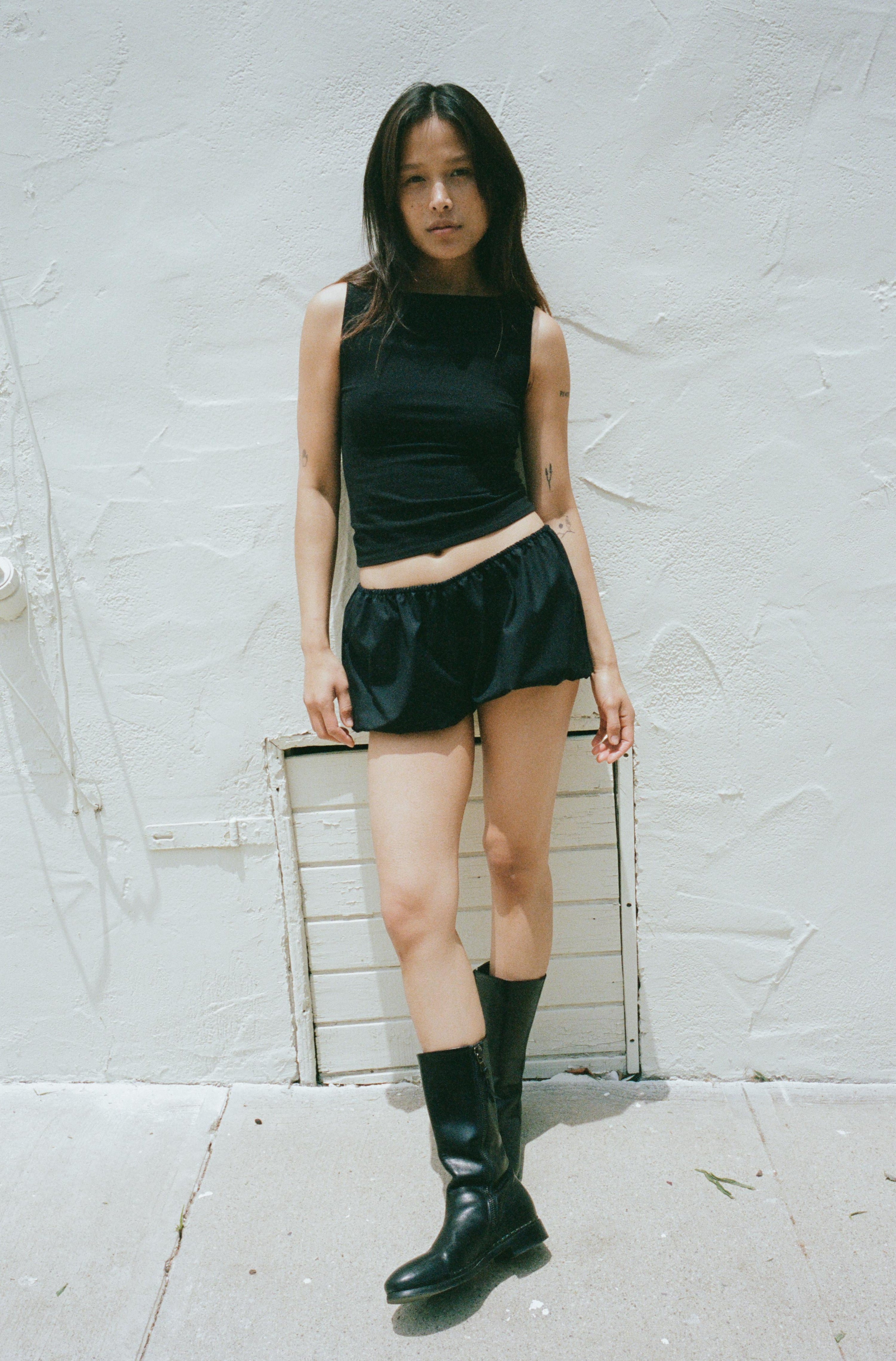 Black babydoll bloomers made with upcycled deadstock cotton, soft women’s lounge shorts
