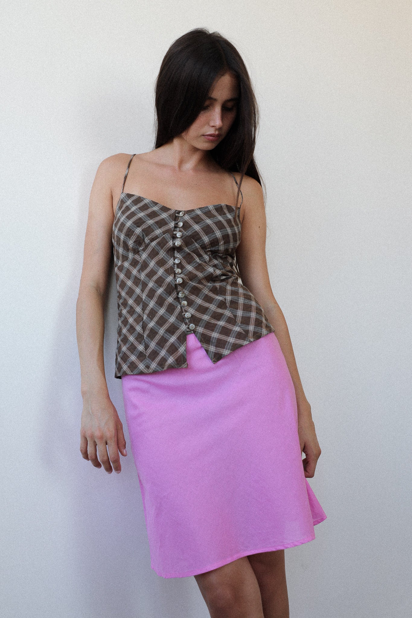 90’s style pink bias mini skirt in lightweight cotton with elastic waist