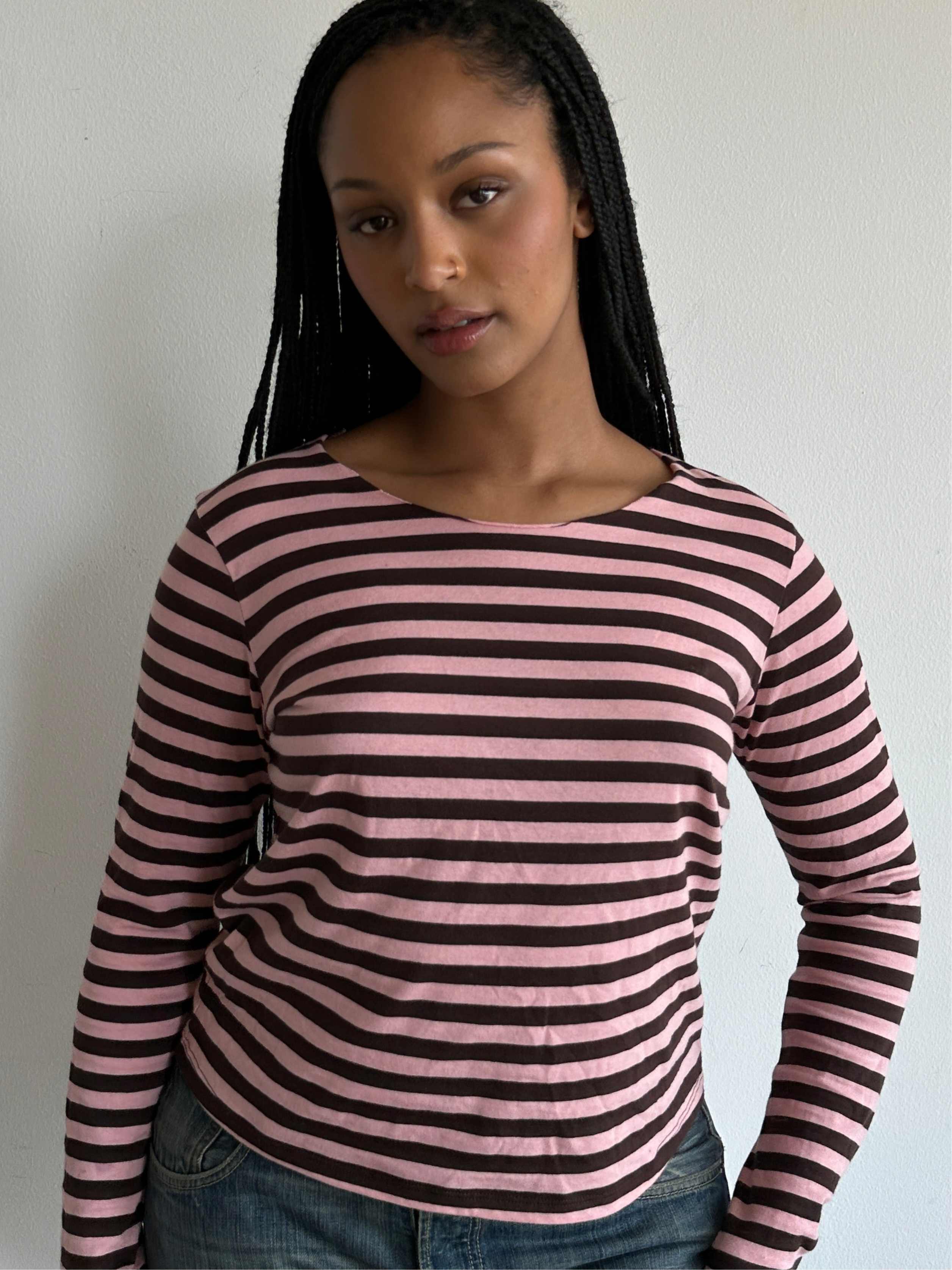 Jaden Long Sleeve Pink Brown Stripe Tee