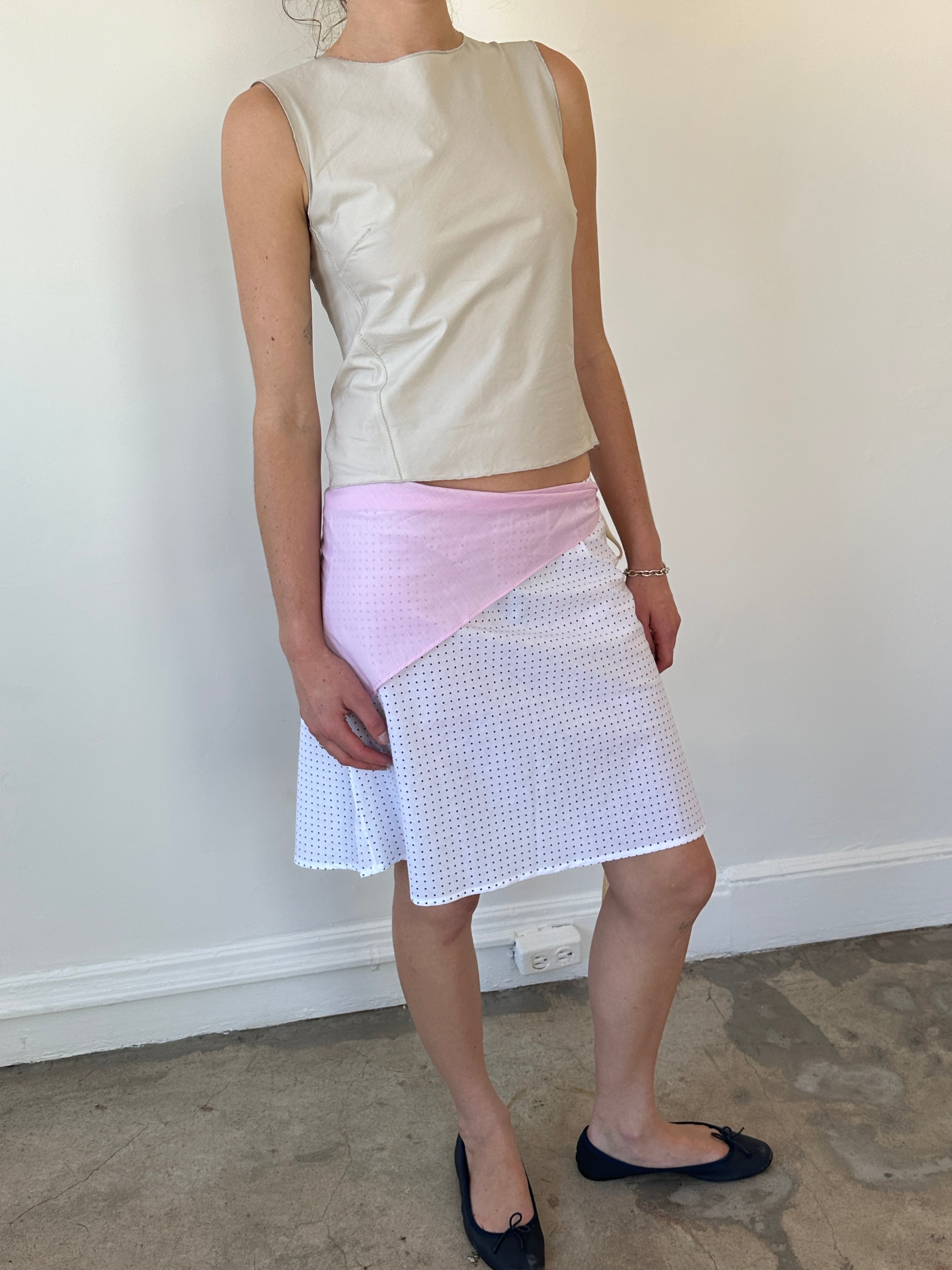 Navy polka dot cotton mini skirt with elastic waist made from upcycled fabric