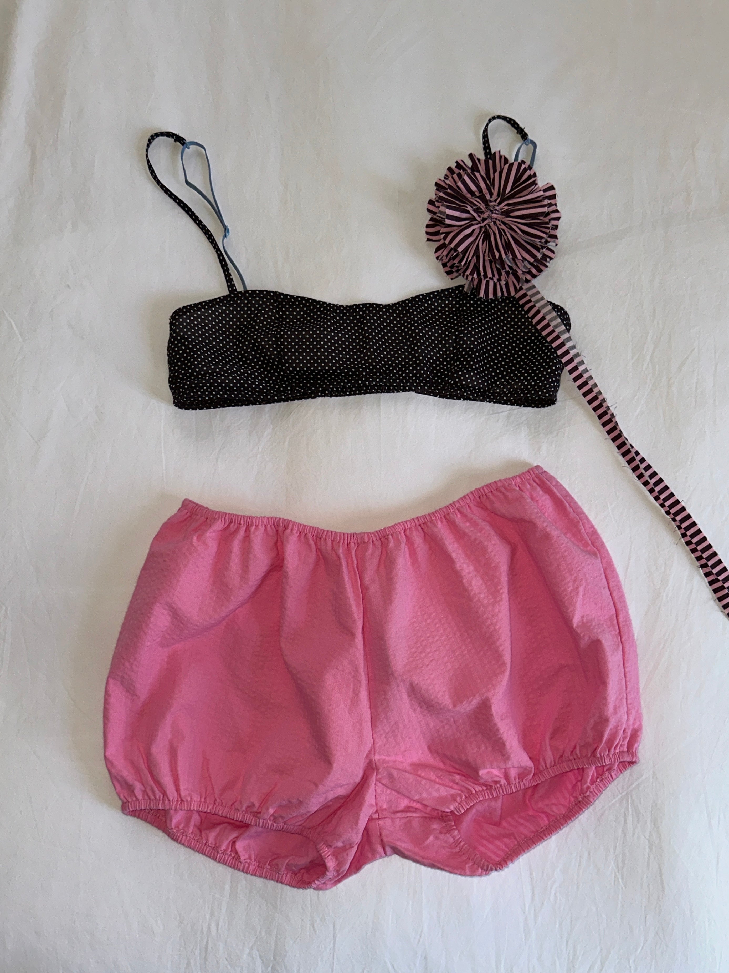 Pink seersucker babydoll bloomers made with upcycled deadstock cotton, soft women’s lounge shorts