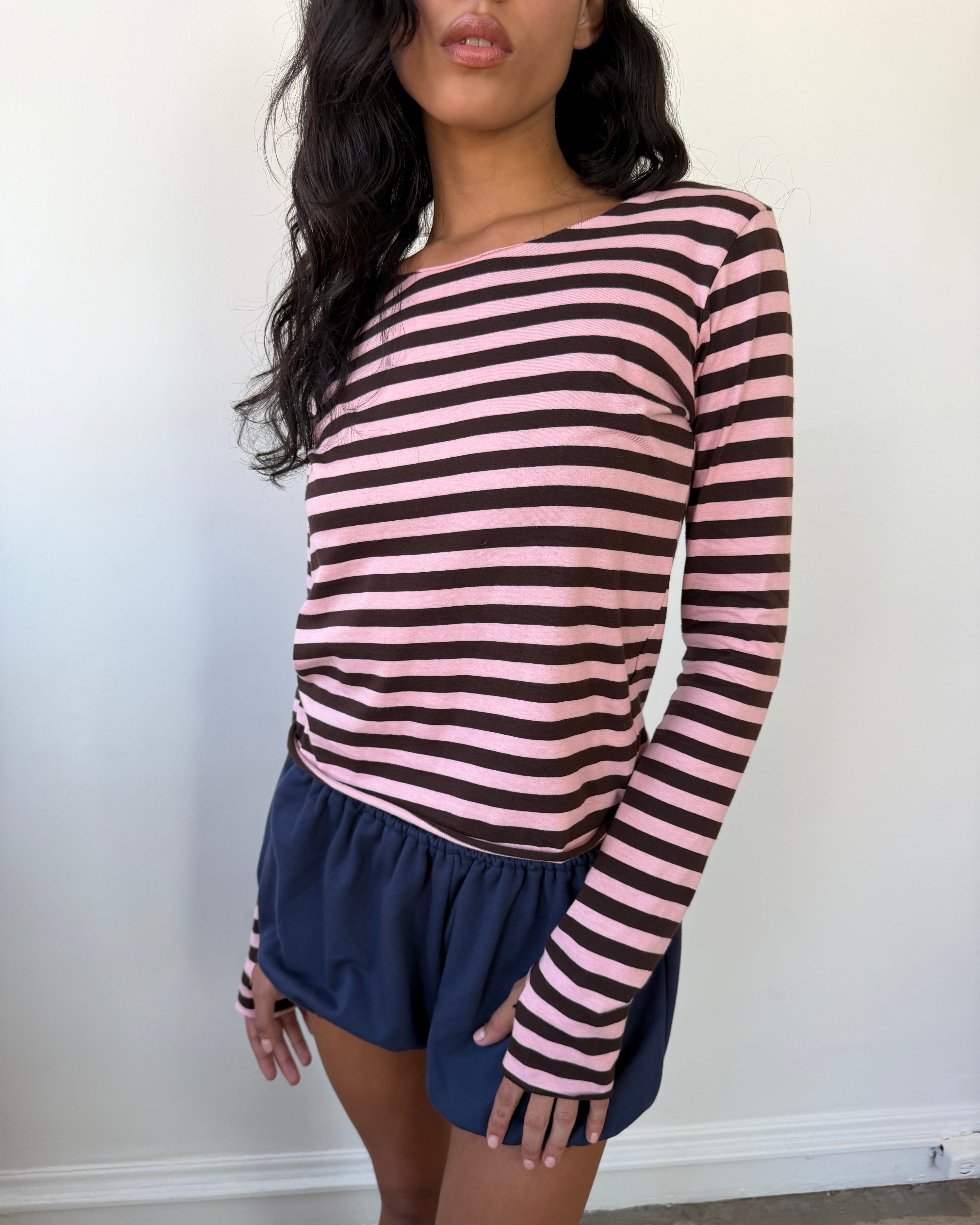 Jaden Long Sleeve Pink Brown Stripe Tee