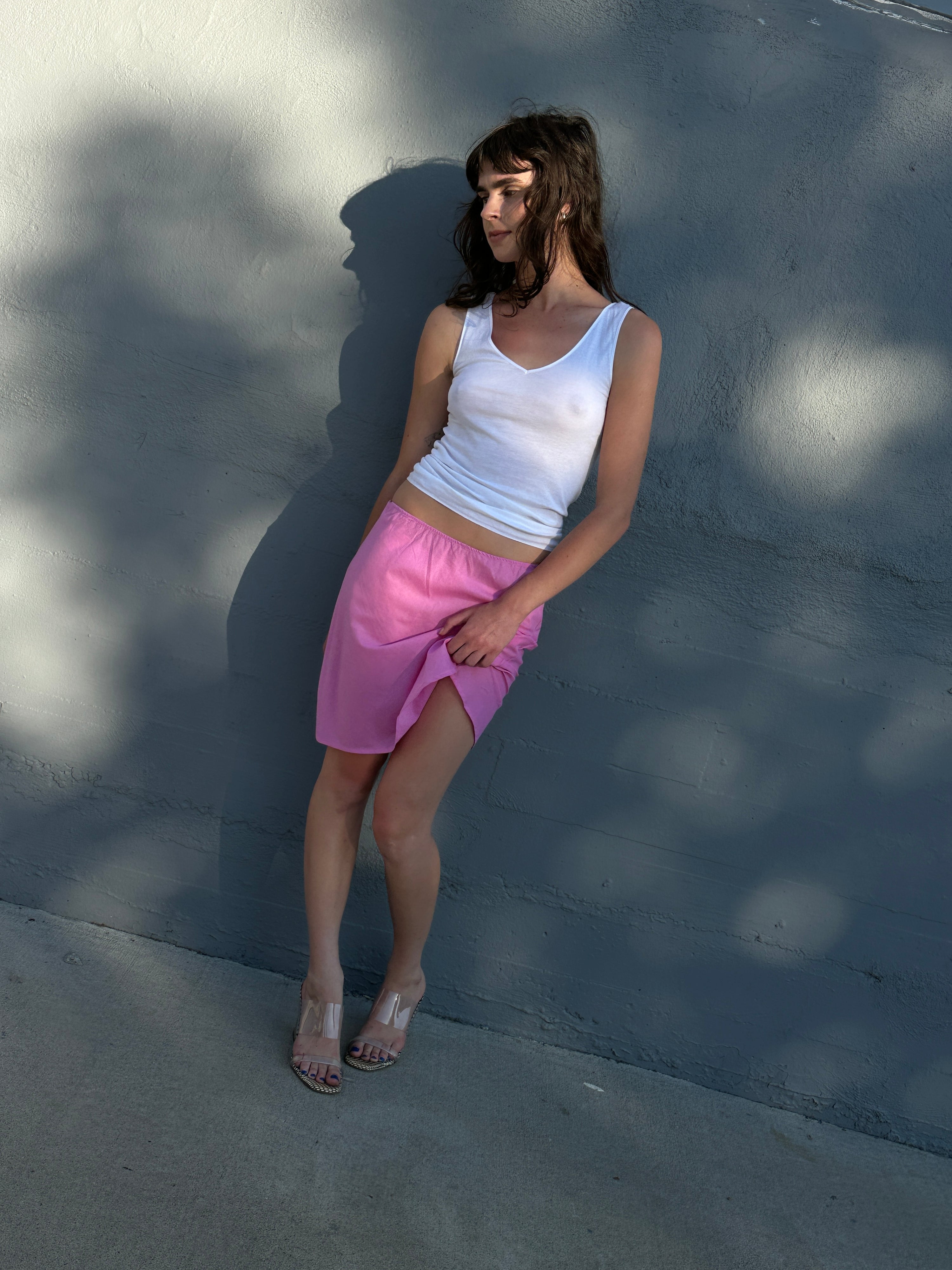 90’s style pink bias mini skirt in lightweight cotton with elastic waist