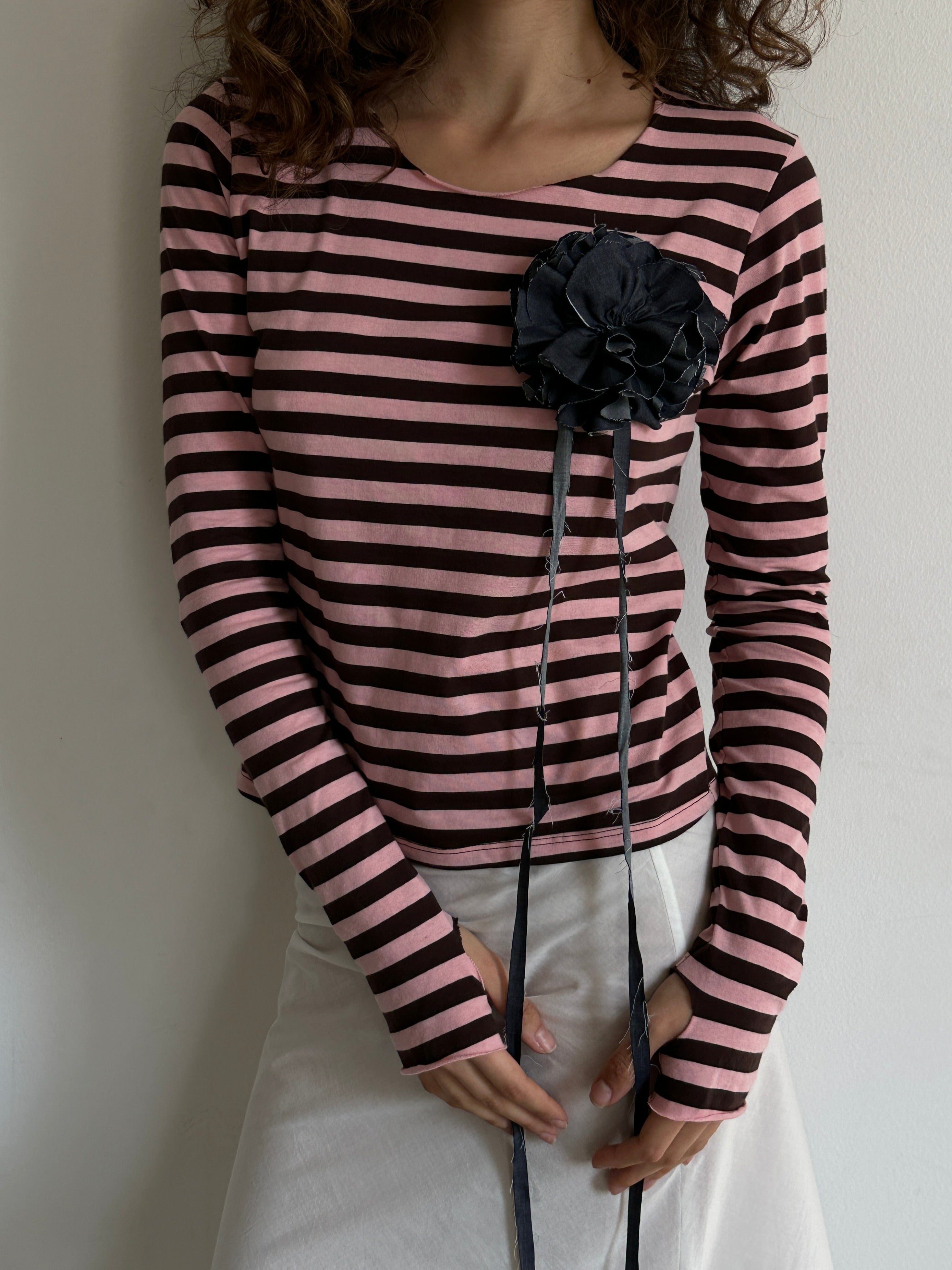 Jaden Long Sleeve Tee in pink brown stripes with raw sleeve and neckline, thumbholes, made from upcycled cotton