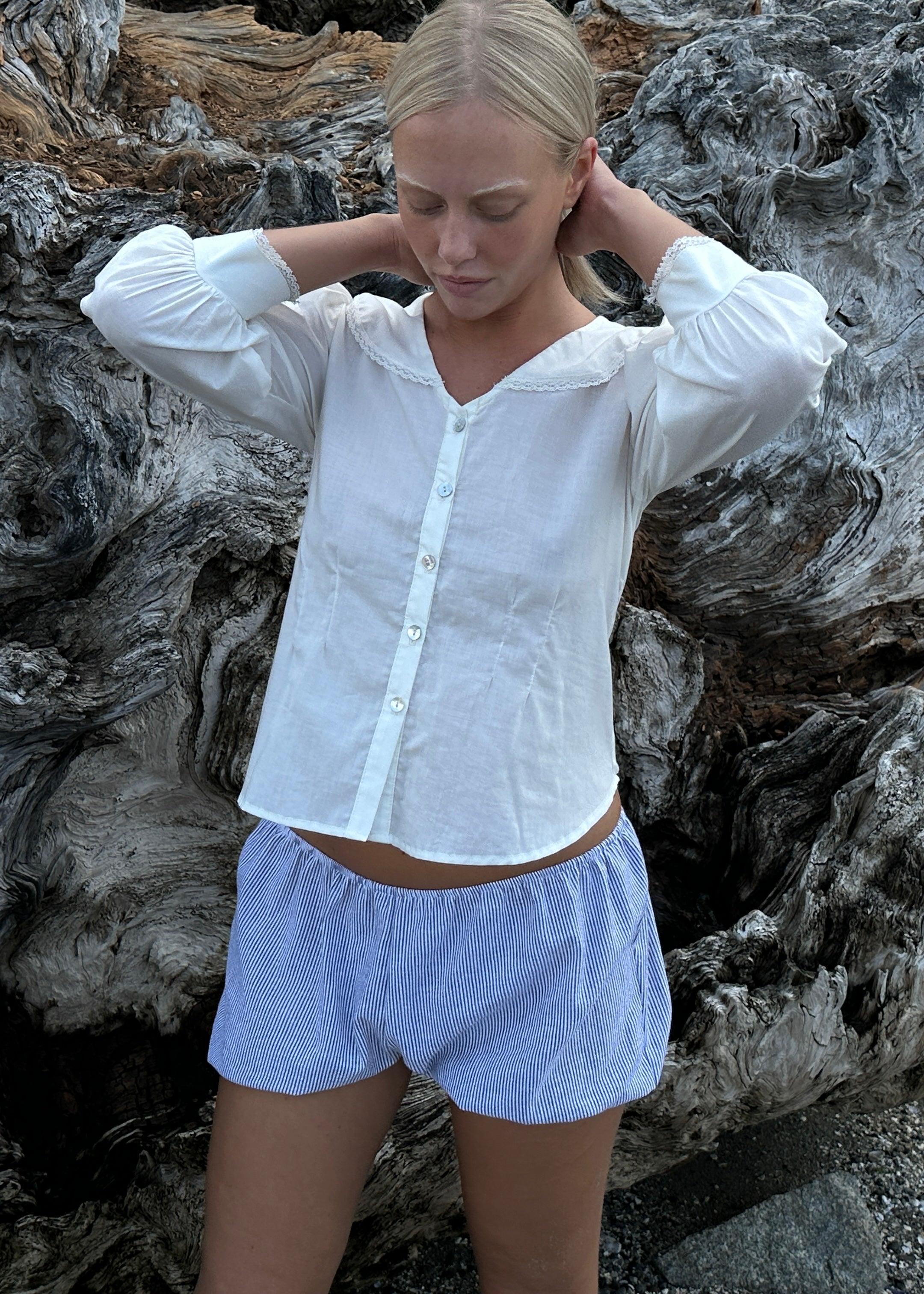 Slate stripe babydoll bloomers, vintage-inspired cotton sleep shorts with stretch
