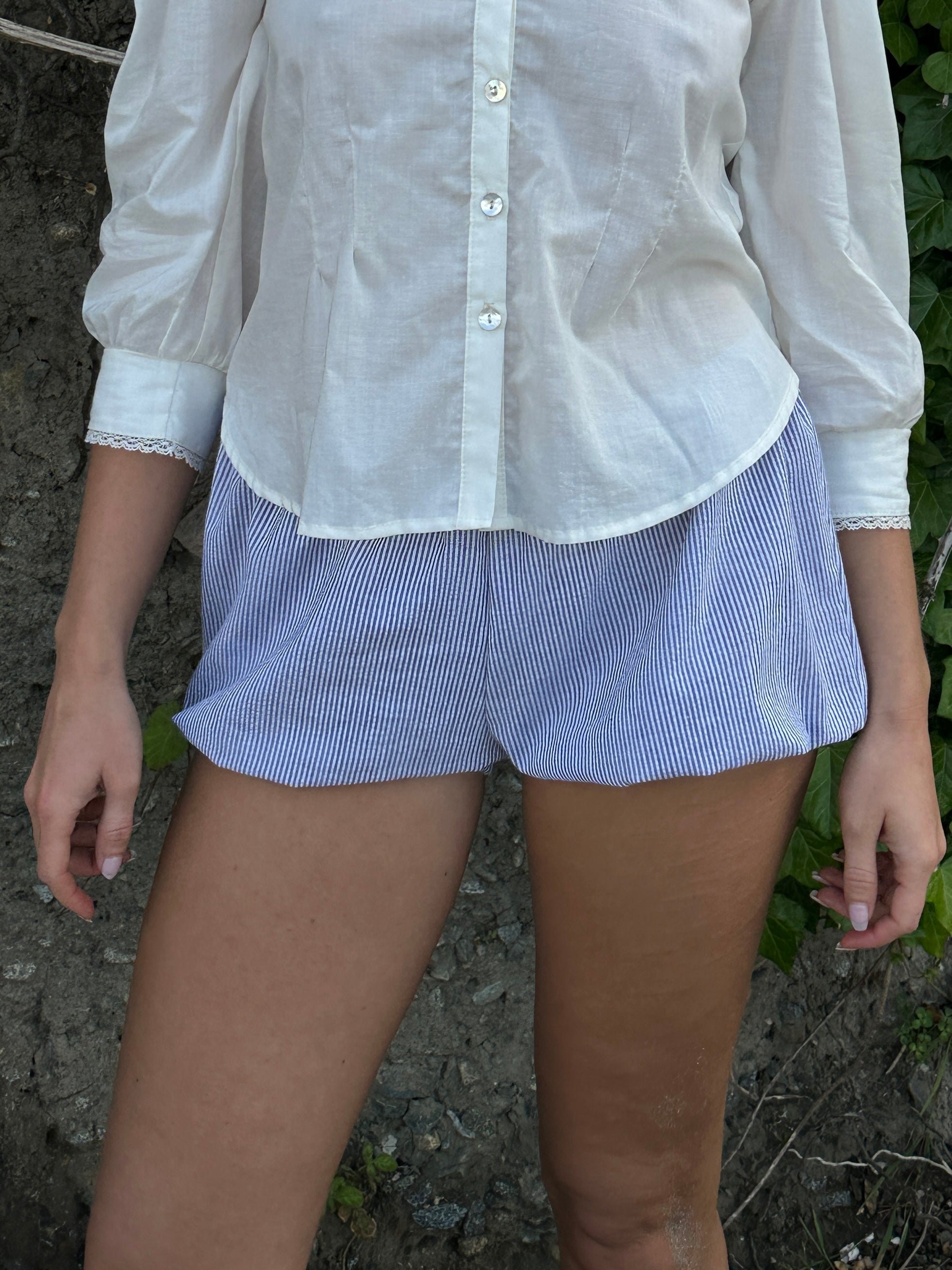 Slate stripe babydoll bloomers, vintage-inspired cotton sleep shorts with stretch