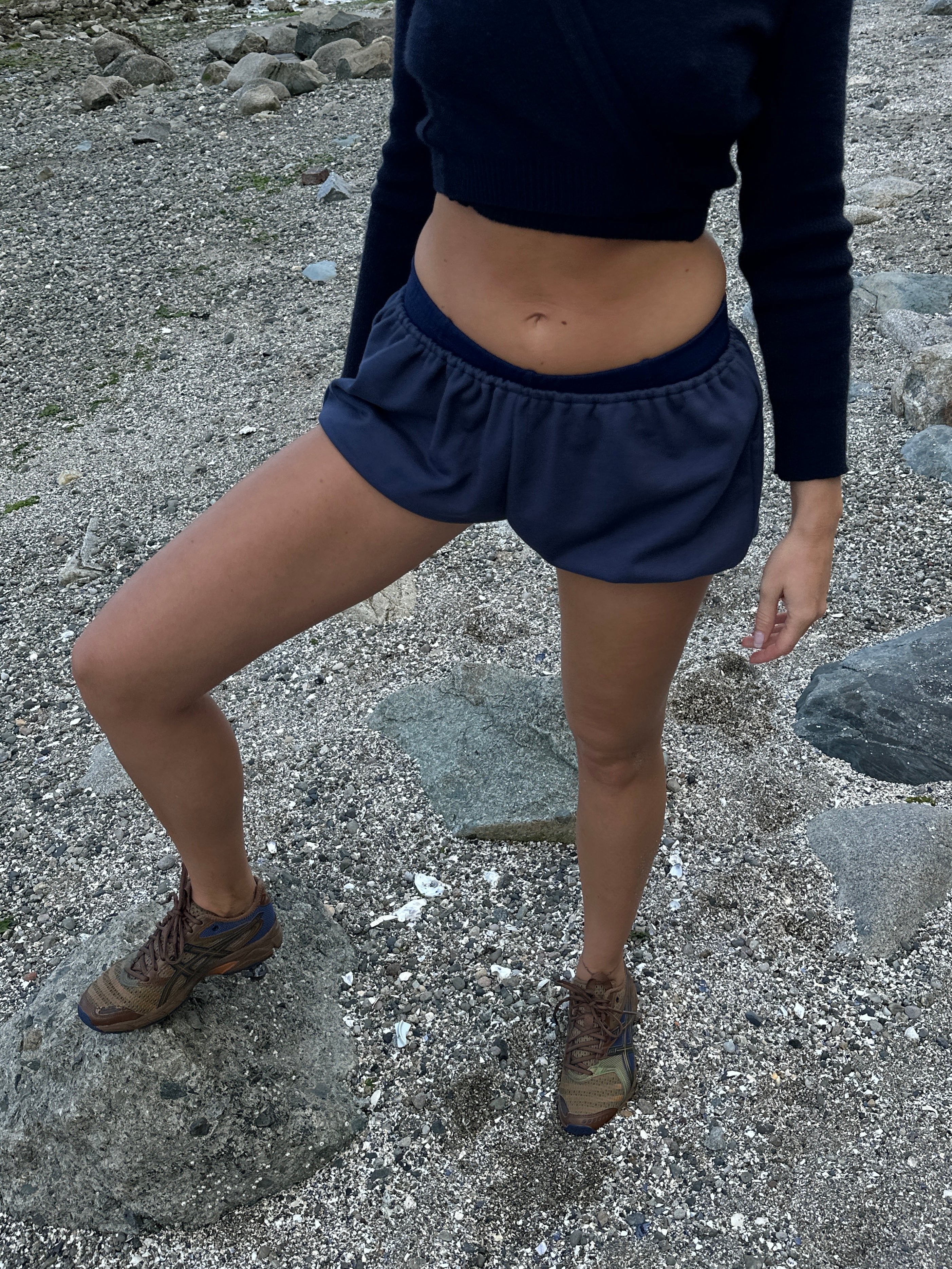 Navy terry babydoll bloomers, vintage-inspired cotton sleep shorts with stretch