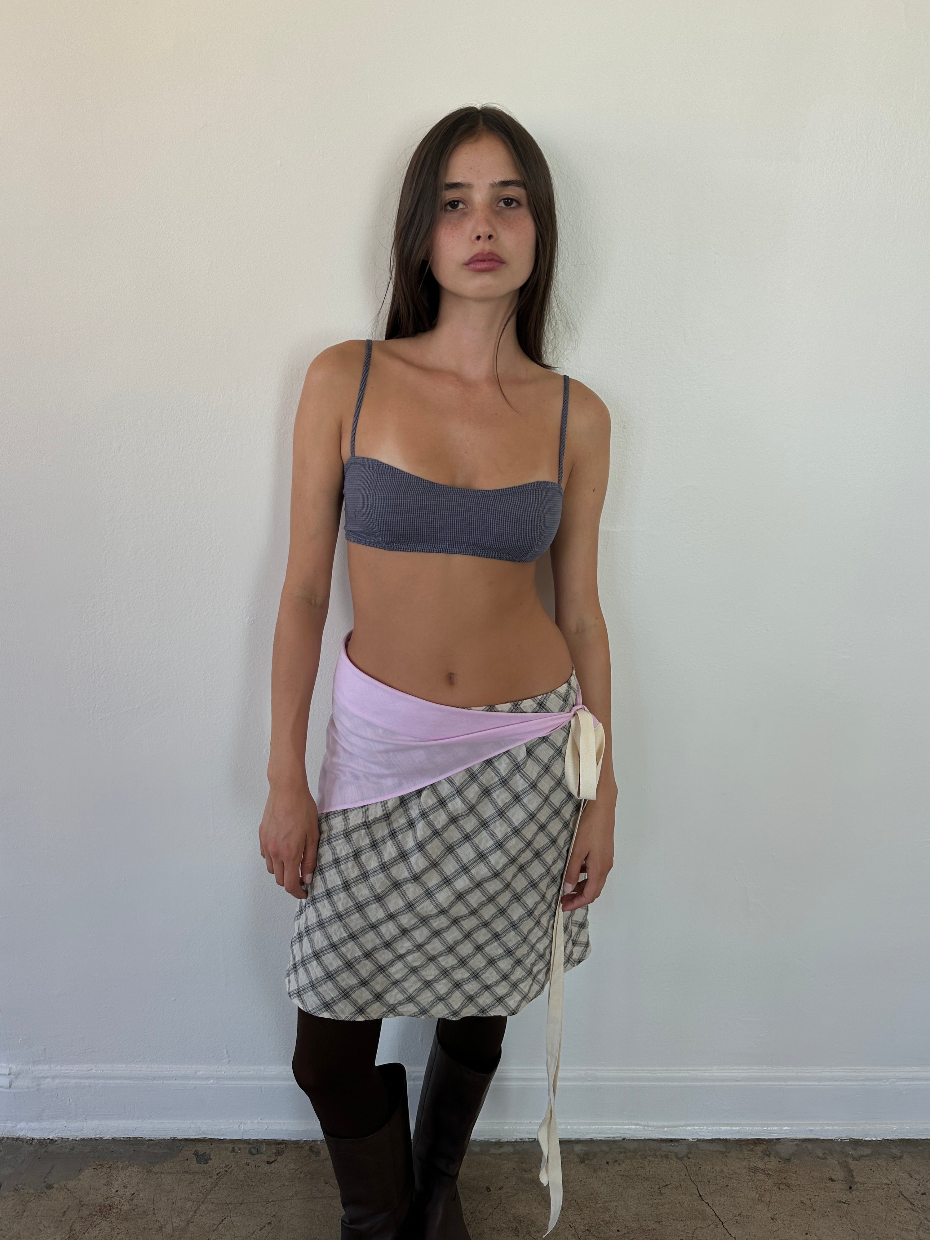 Women’s lightweight mini skirt in white and black plaid, elastic waist, upcycled cotton