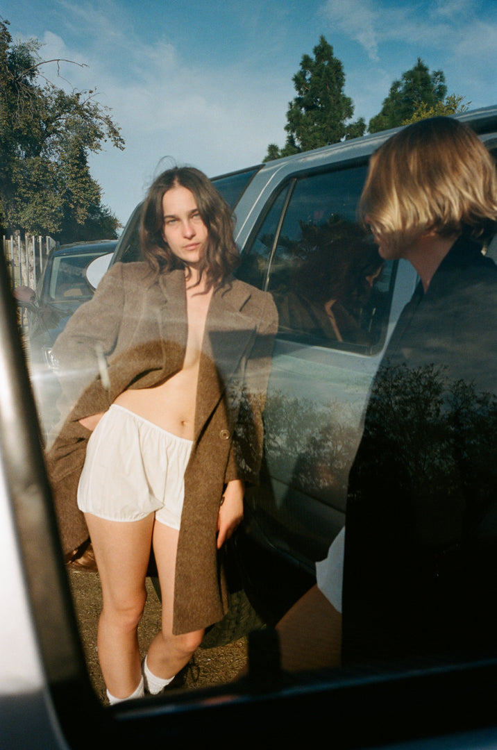 White babydoll bloomers made with upcycled deadstock cotton, soft women’s lounge shorts