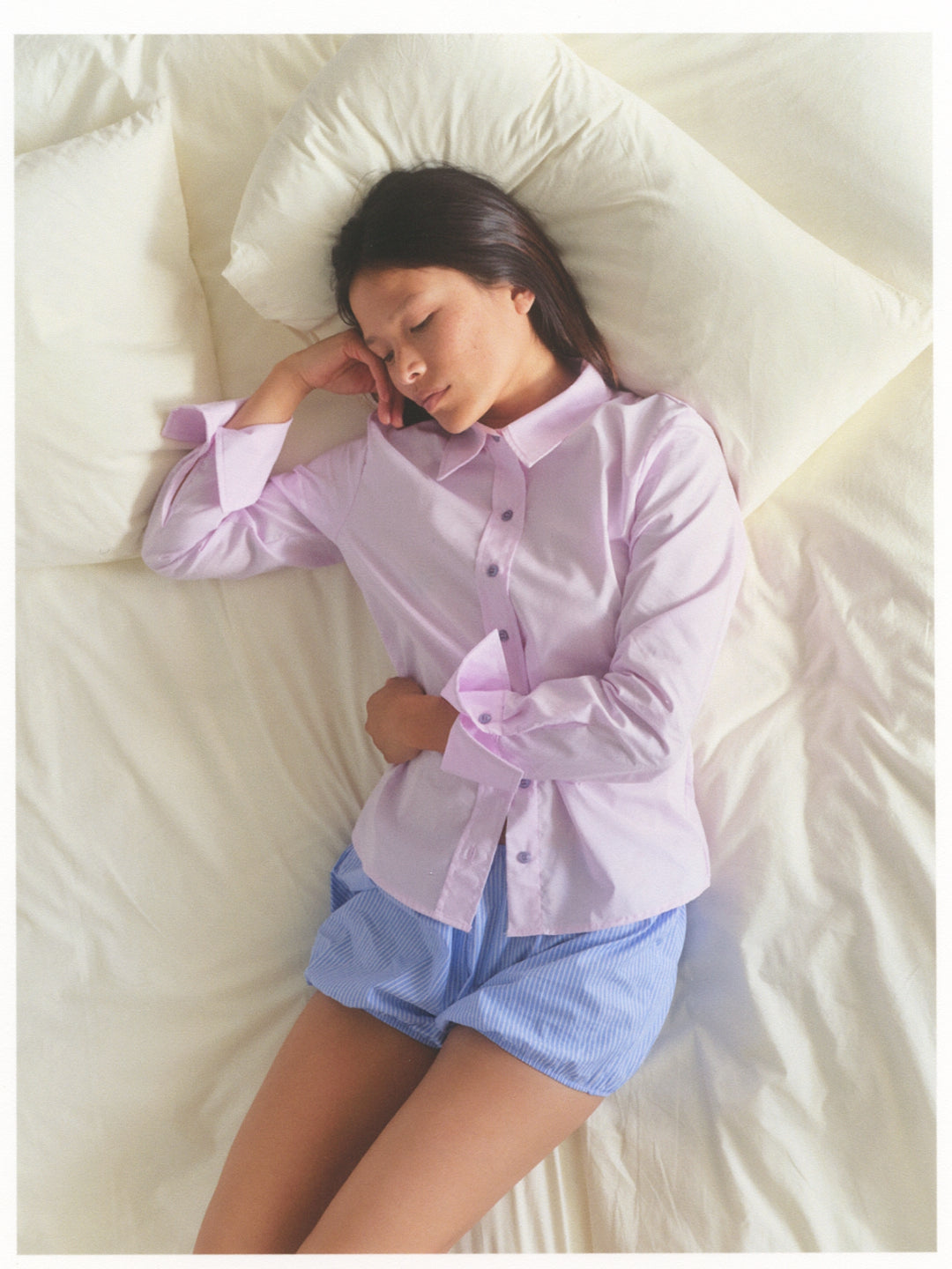 Sustainable light pink cotton button up blouse, tailored relaxed fit made from upcycled poplin