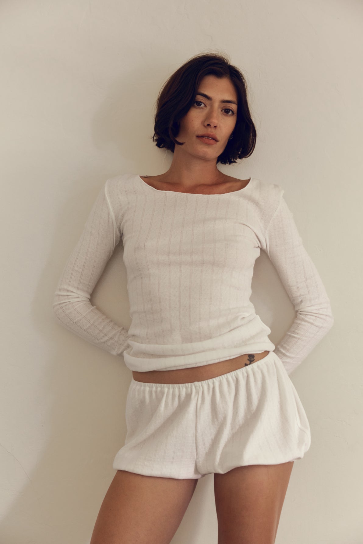 The Stretch Long Sleeve Pointelle White Tee