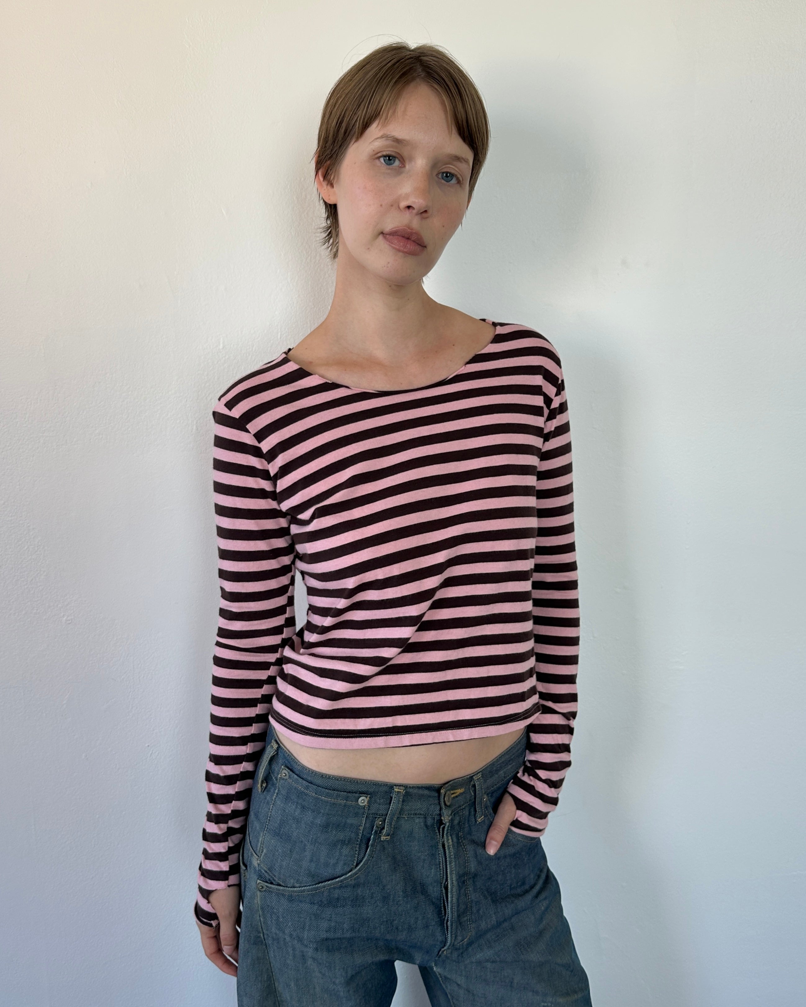 Jaden Long Sleeve Pink Brown Stripe Tee