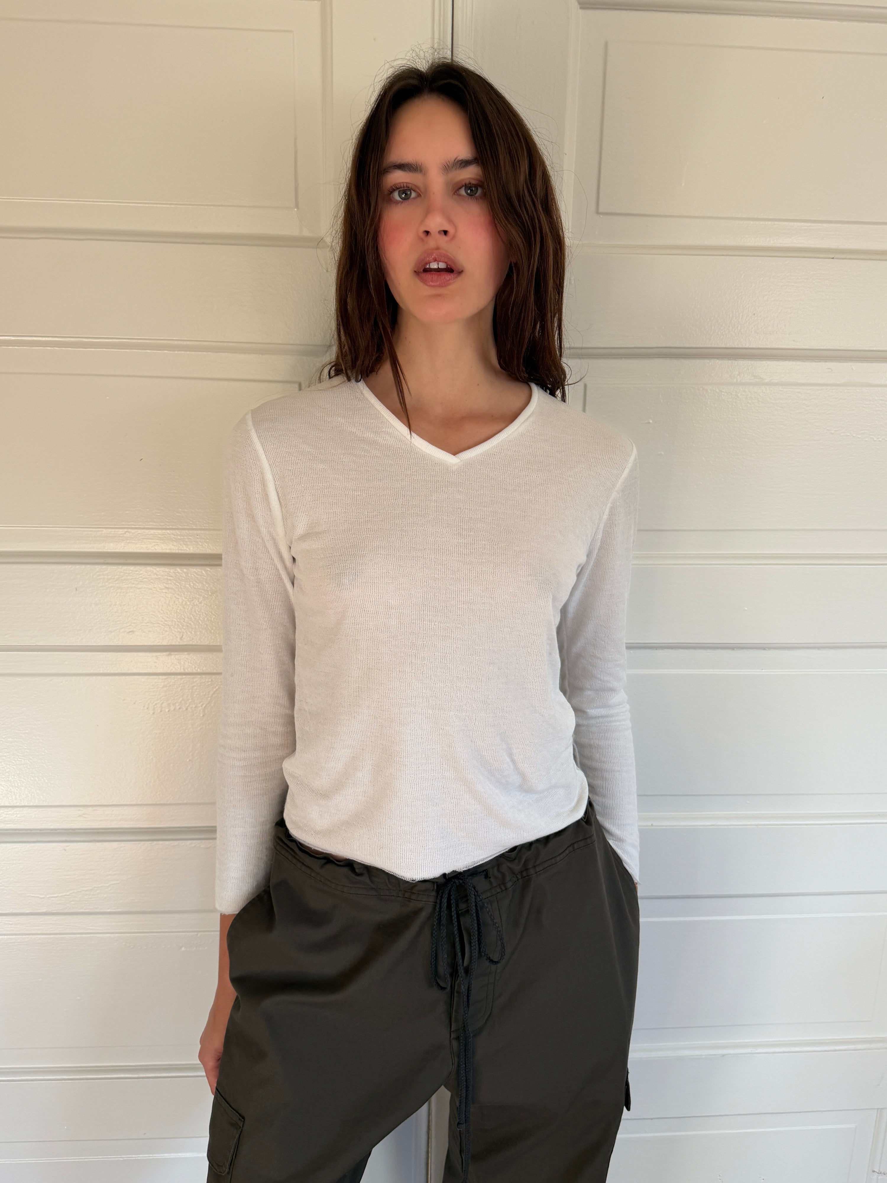 The Hiro V-Neck White Pointelle Tee