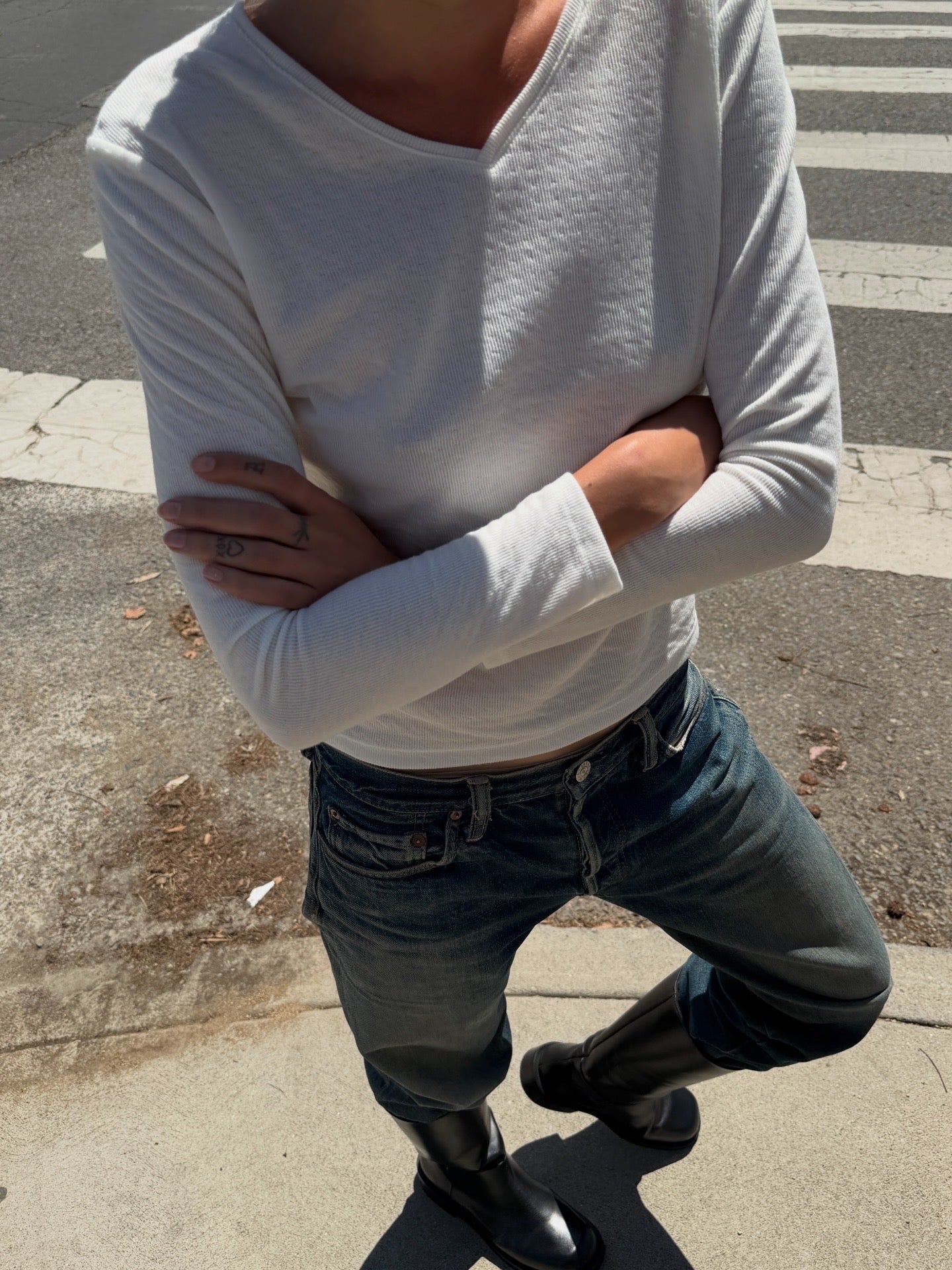 The Hiro V-Neck White Pointelle Tee