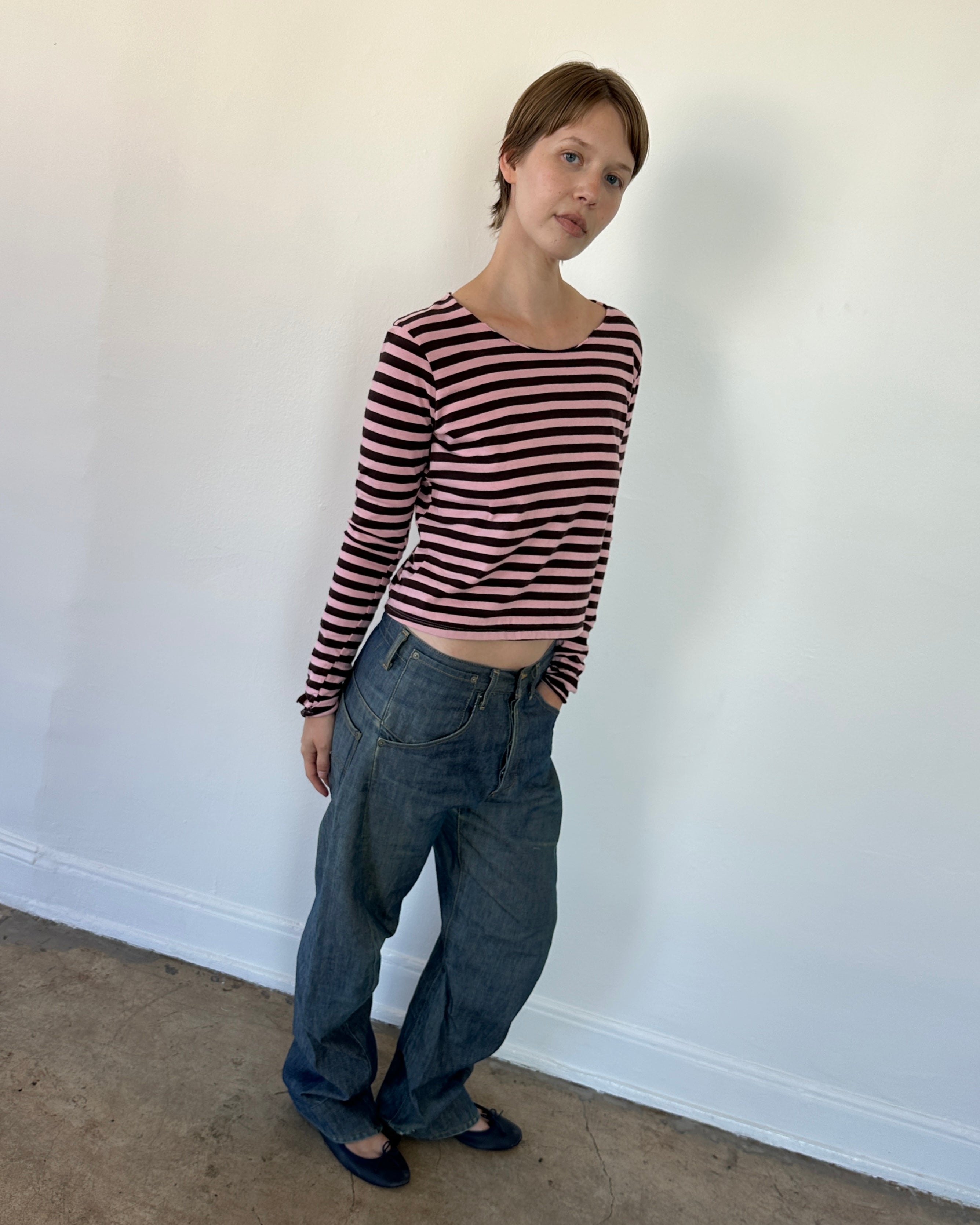 Jaden Long Sleeve Pink Brown Stripe Tee