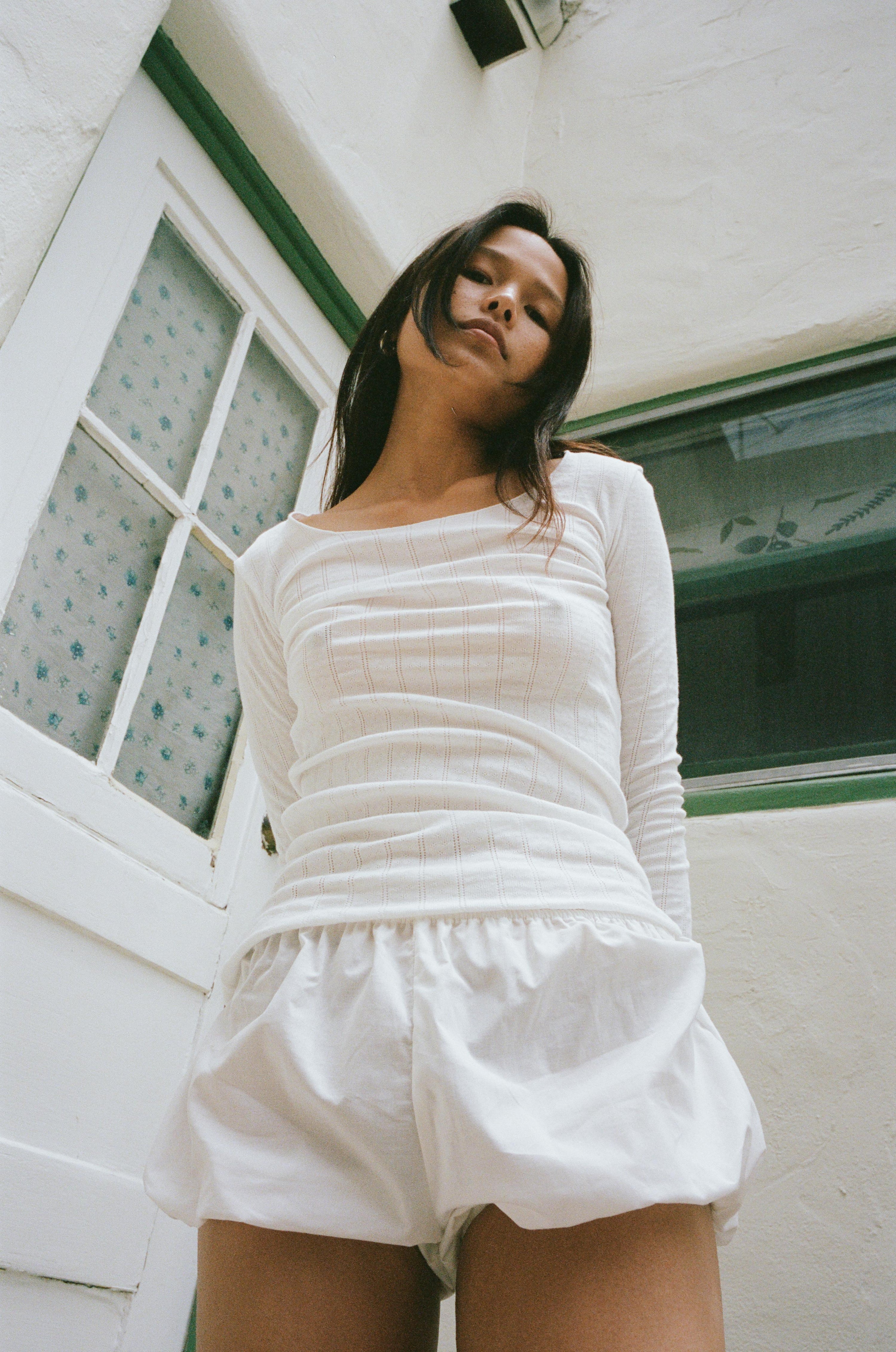 The Stretch Long Sleeve Pointelle White Tee