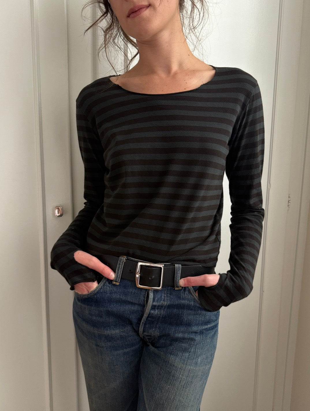 Jaden Long Sleeve Overdyed Charcoal Stripe Tee