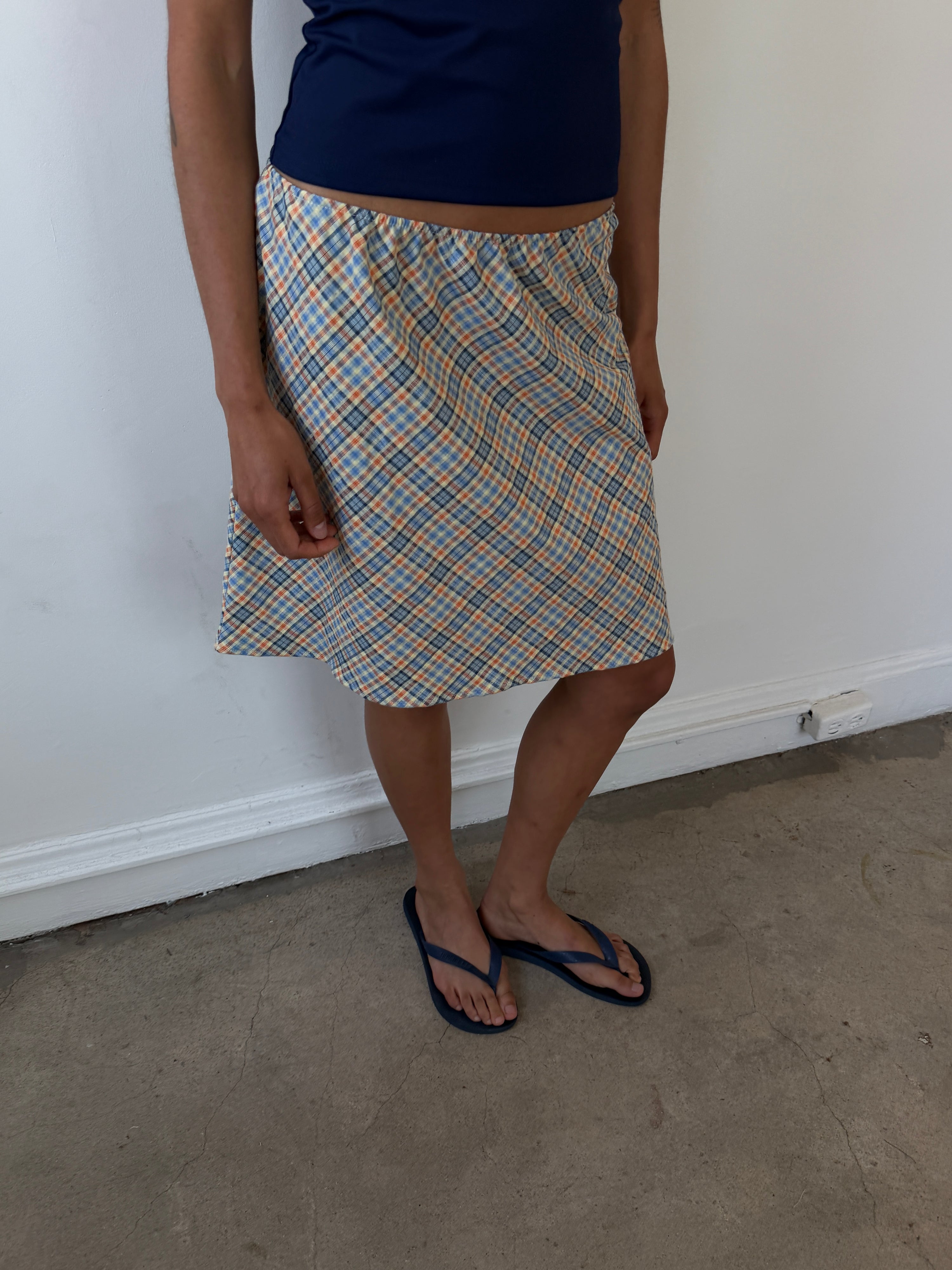 The 90's Bias Mini Skirt Orange and Blue Plaid