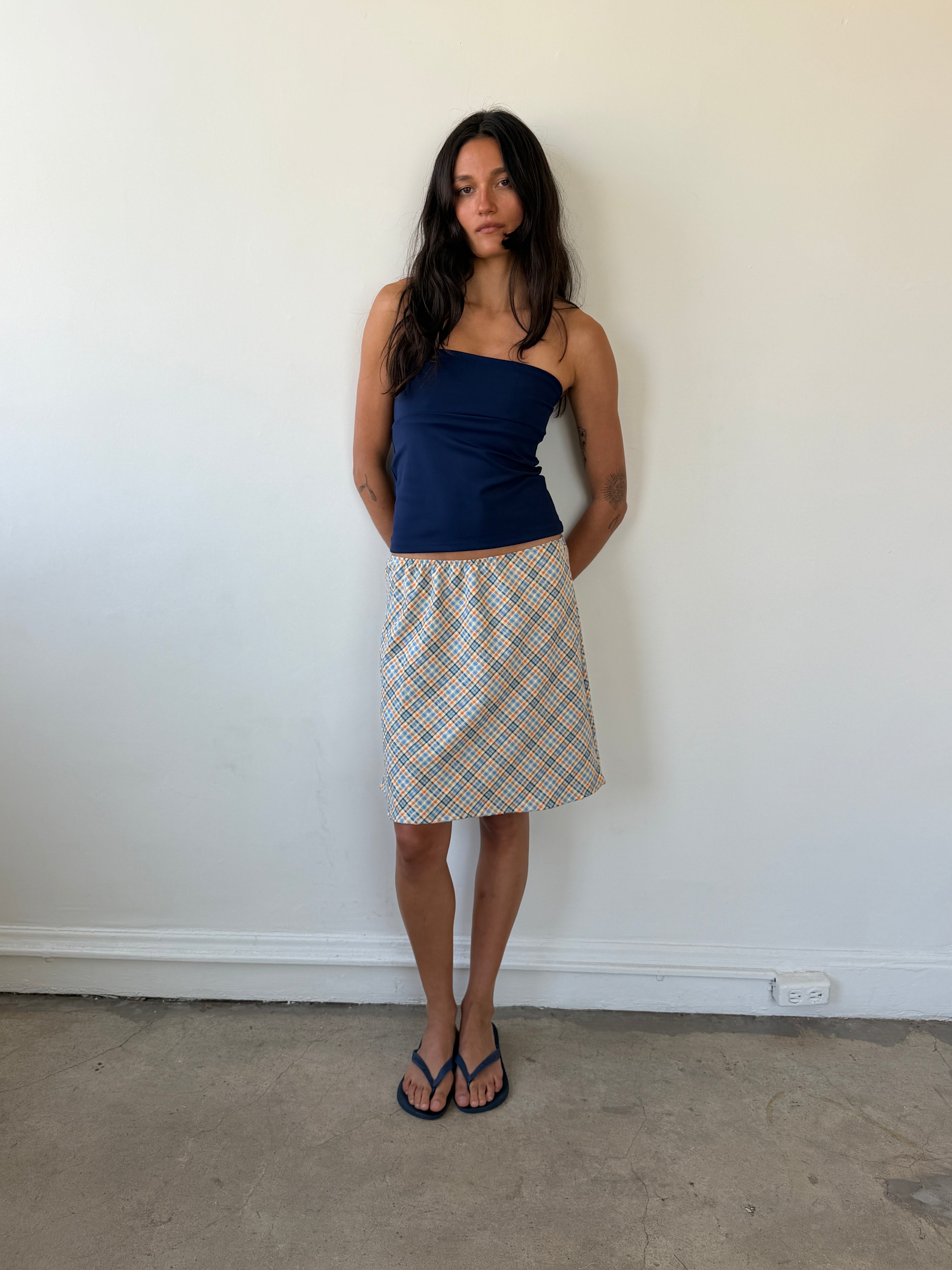 The 90's Bias Mini Skirt Orange and Blue Plaid