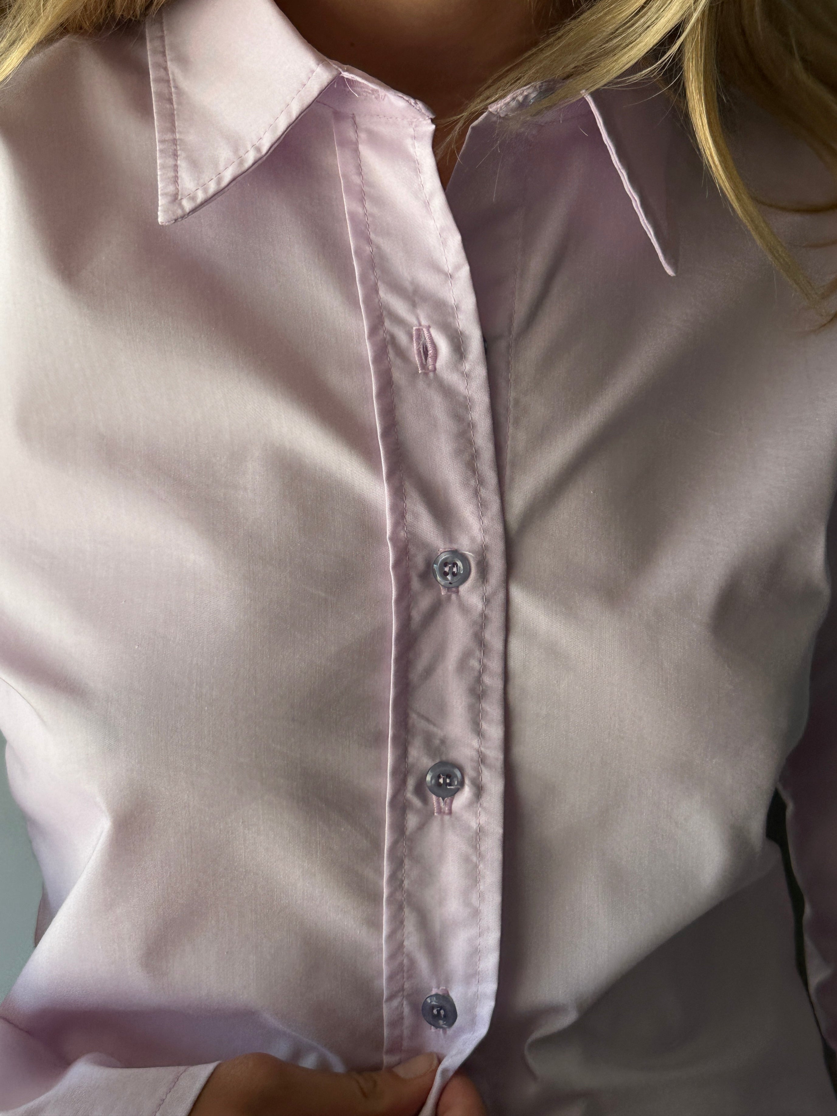 Sustainable light pink cotton button up blouse, tailored relaxed fit made from upcycled poplin