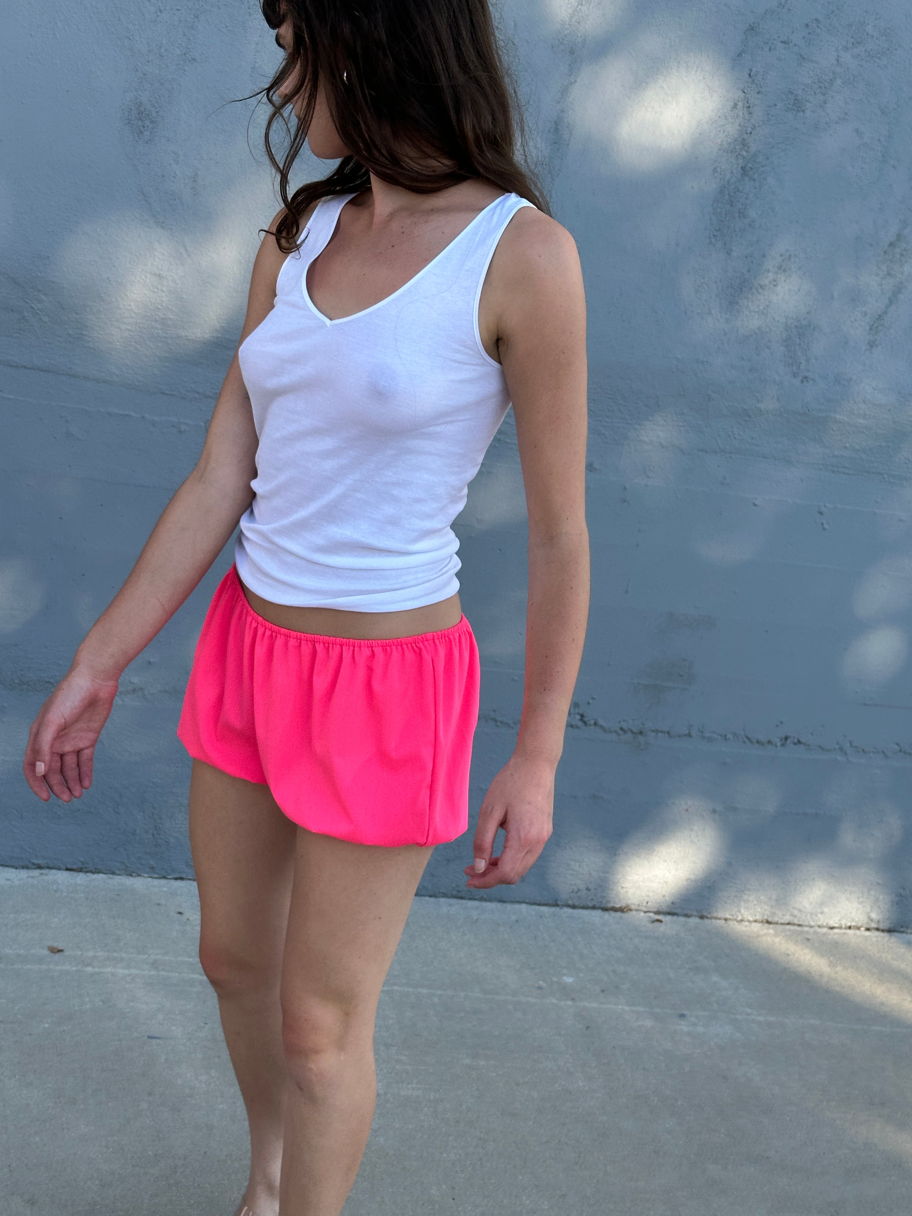 Neon pink bloomers made with upcycled poly blend fabric, soft stretch lounge shorts