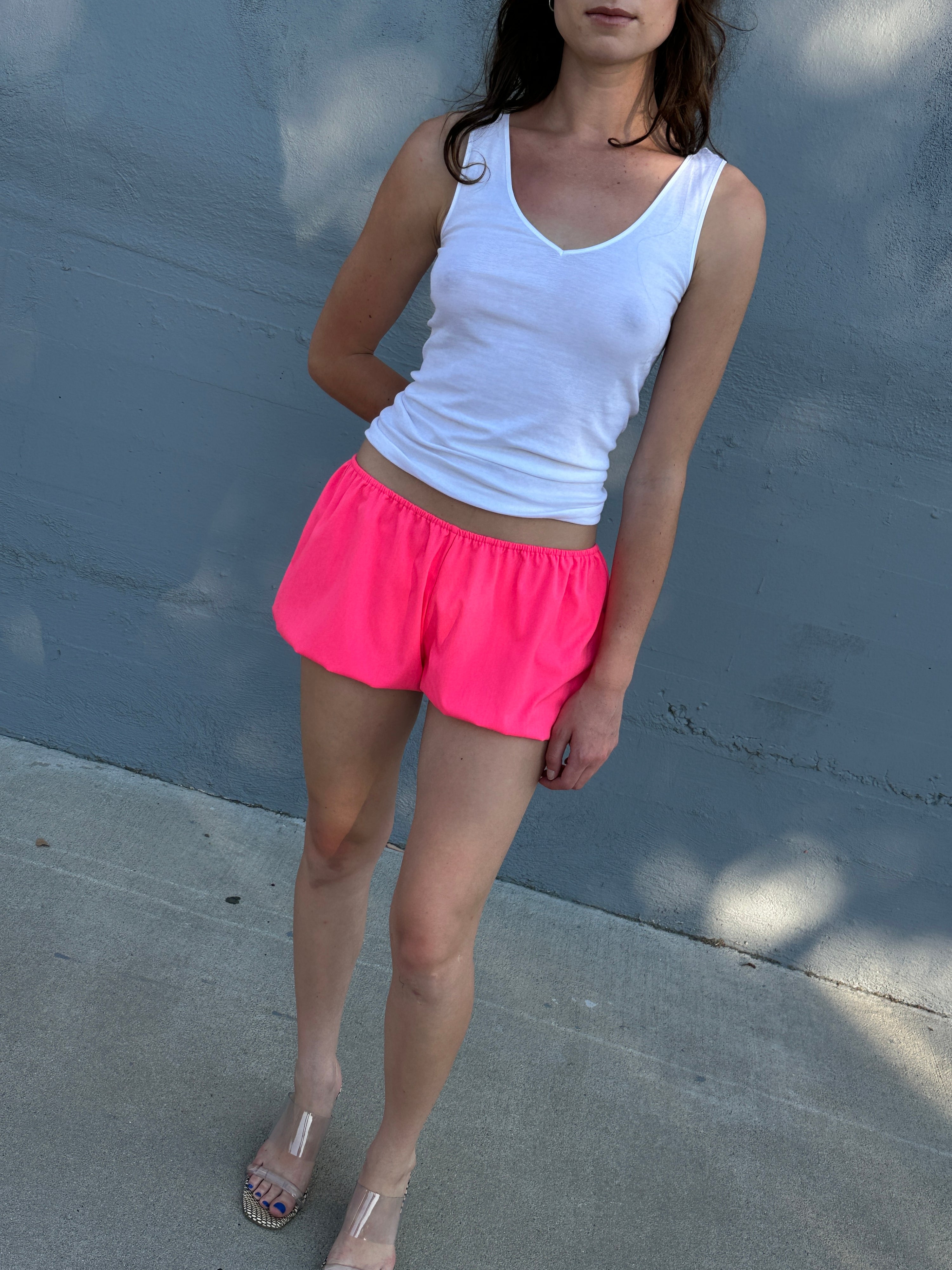 Neon pink bloomers made with upcycled poly blend fabric, soft stretch lounge shorts
