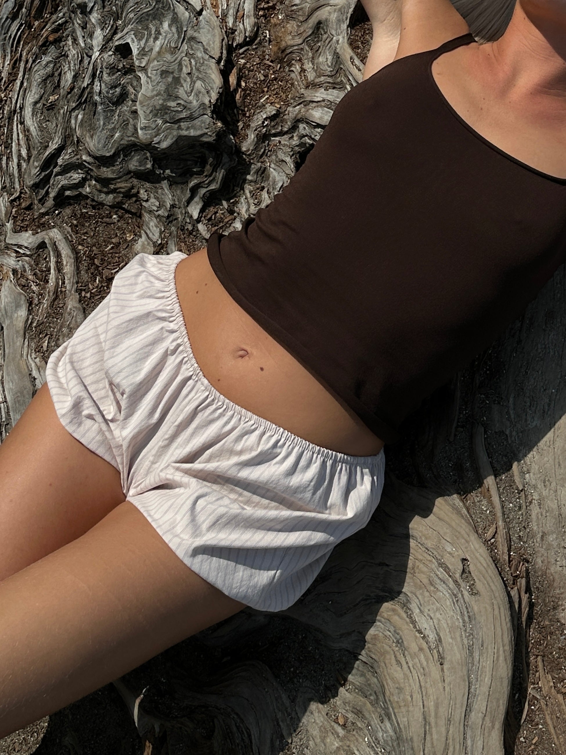 Khaki stripe bloomers made with upcycled cotton poplin, soft stretch lounge shorts