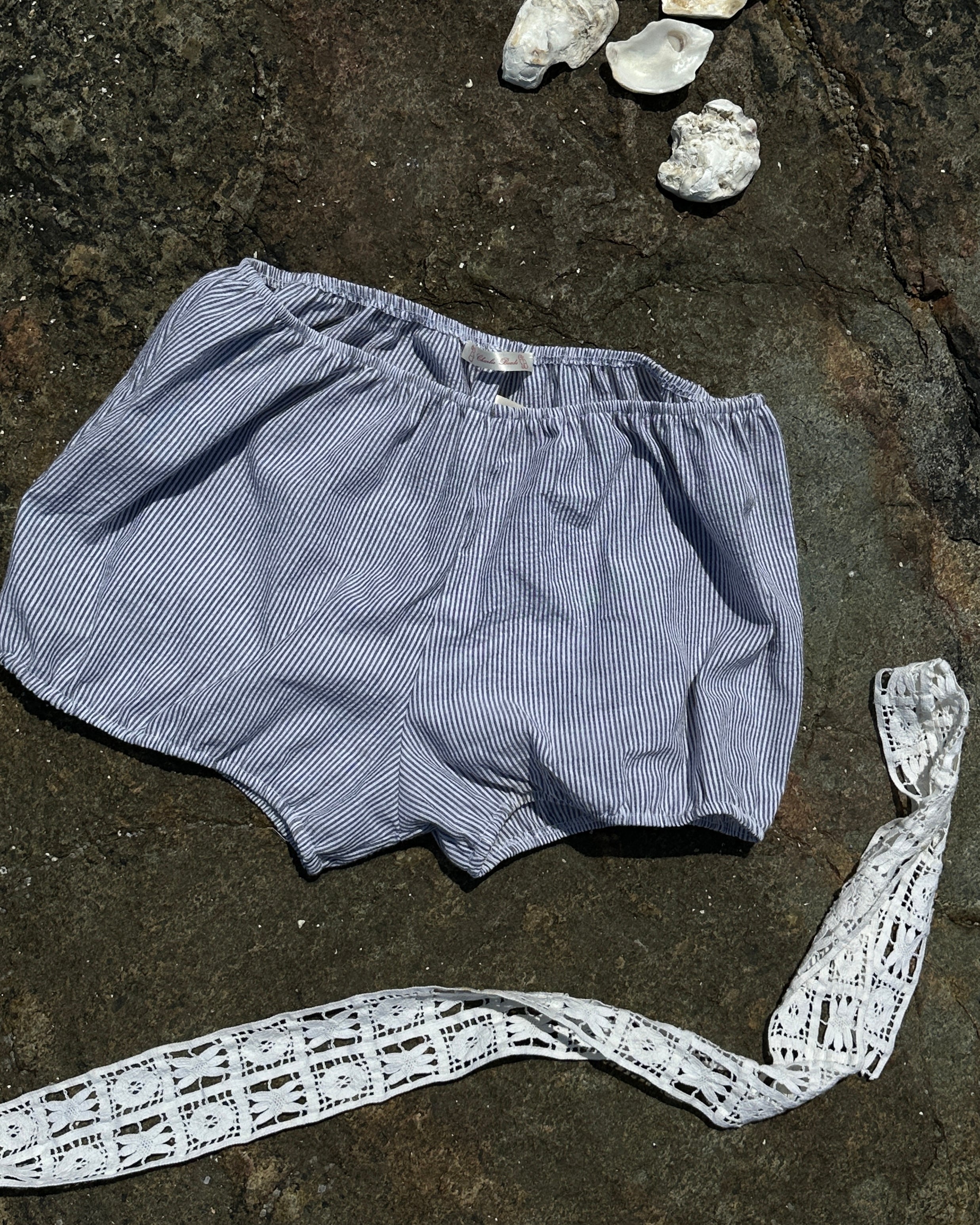 Slate stripe babydoll bloomers, vintage-inspired cotton sleep shorts with stretch