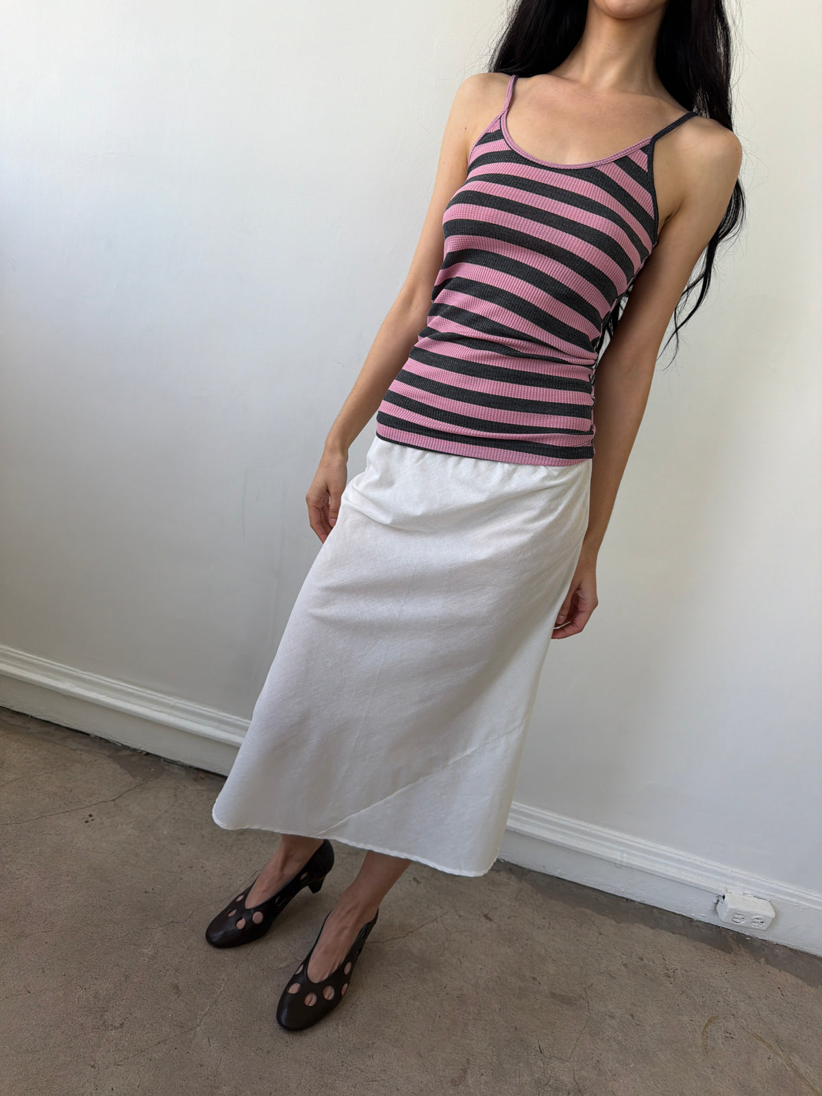 Starla Pink and Grey Stripe Waffle Tank Top