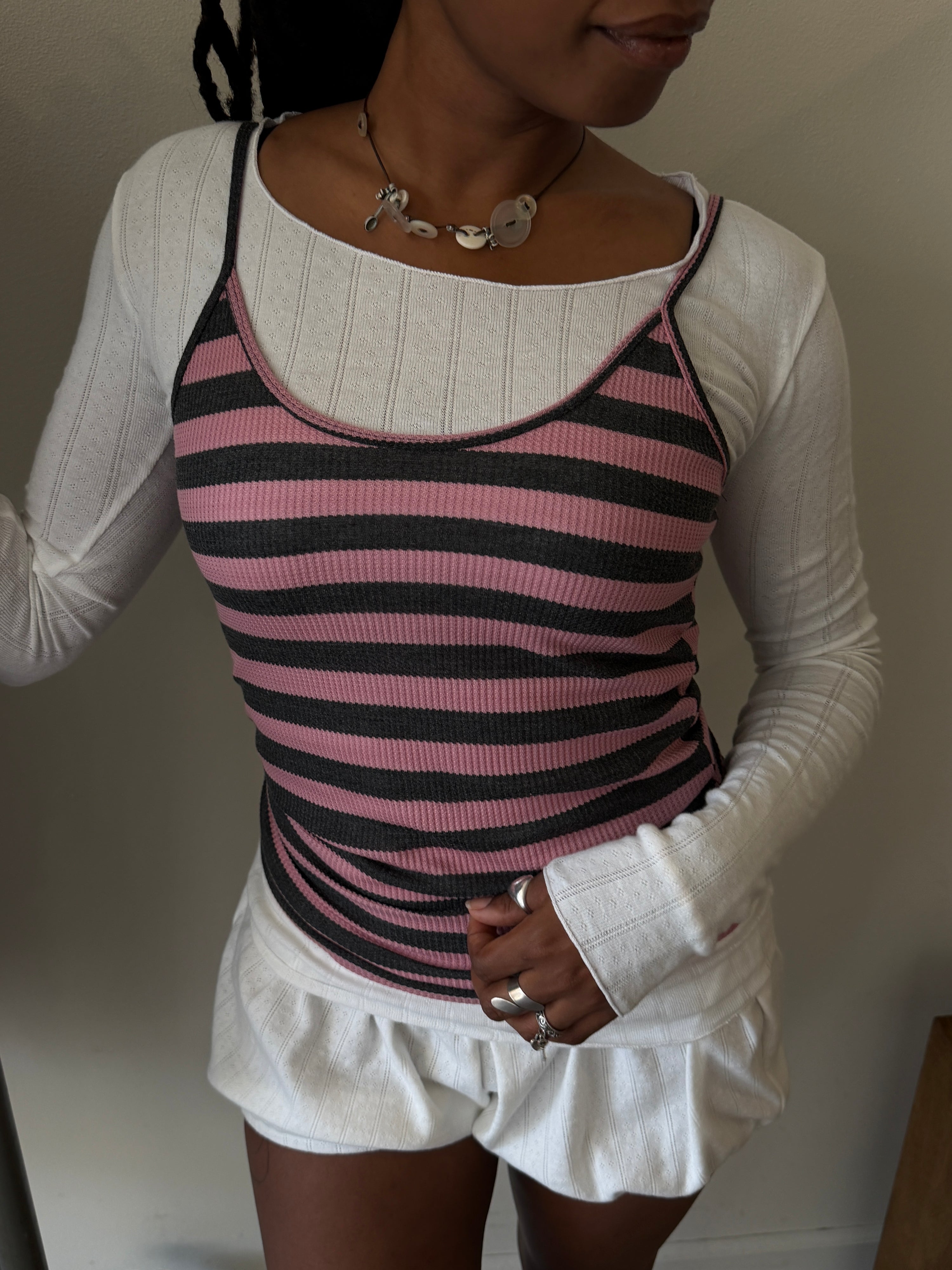 Starla Pink and Grey Waffle Tank Top