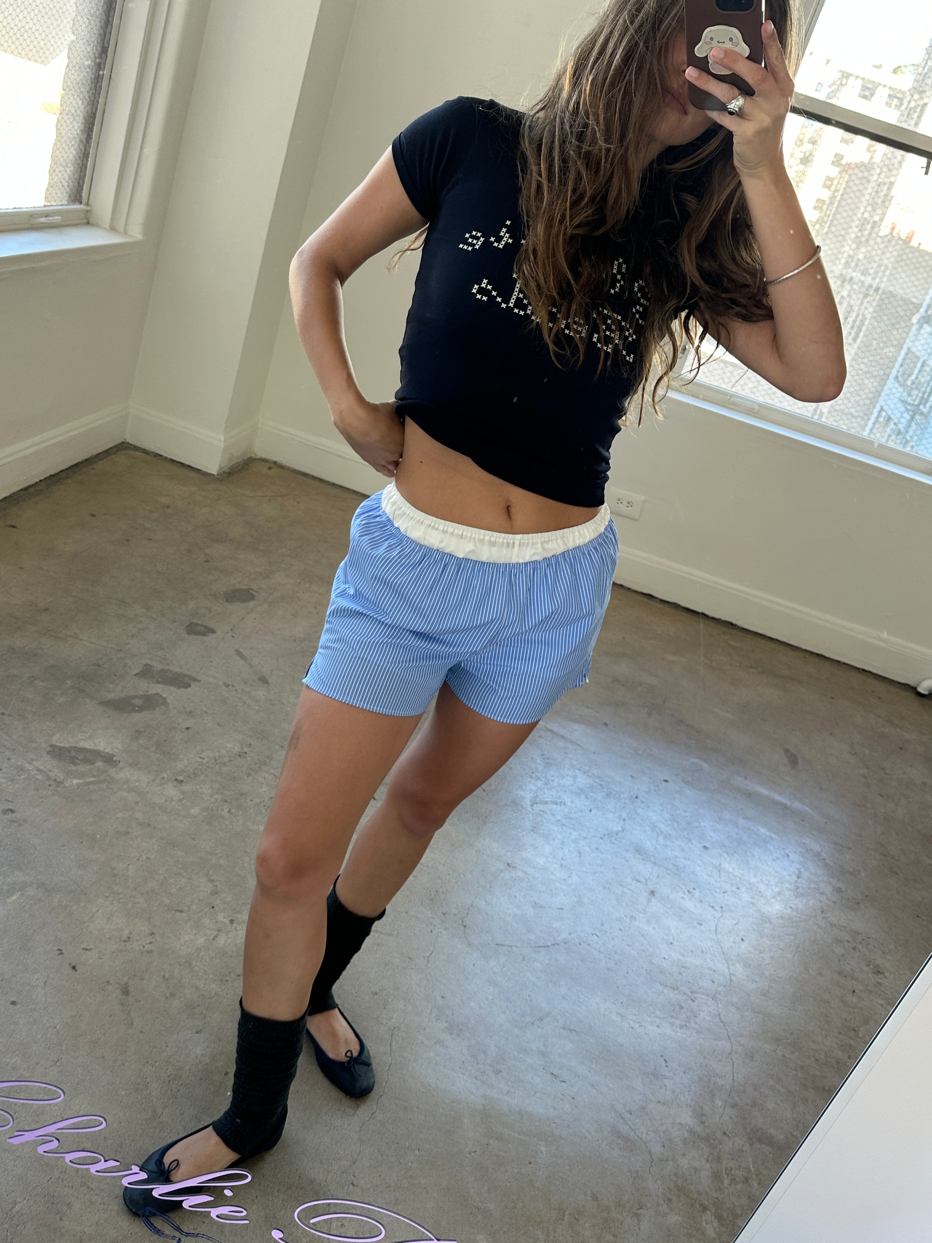 Women’s coastal blue shorts in upcycled cotton, soft stretch lounge shorts with elastic waist