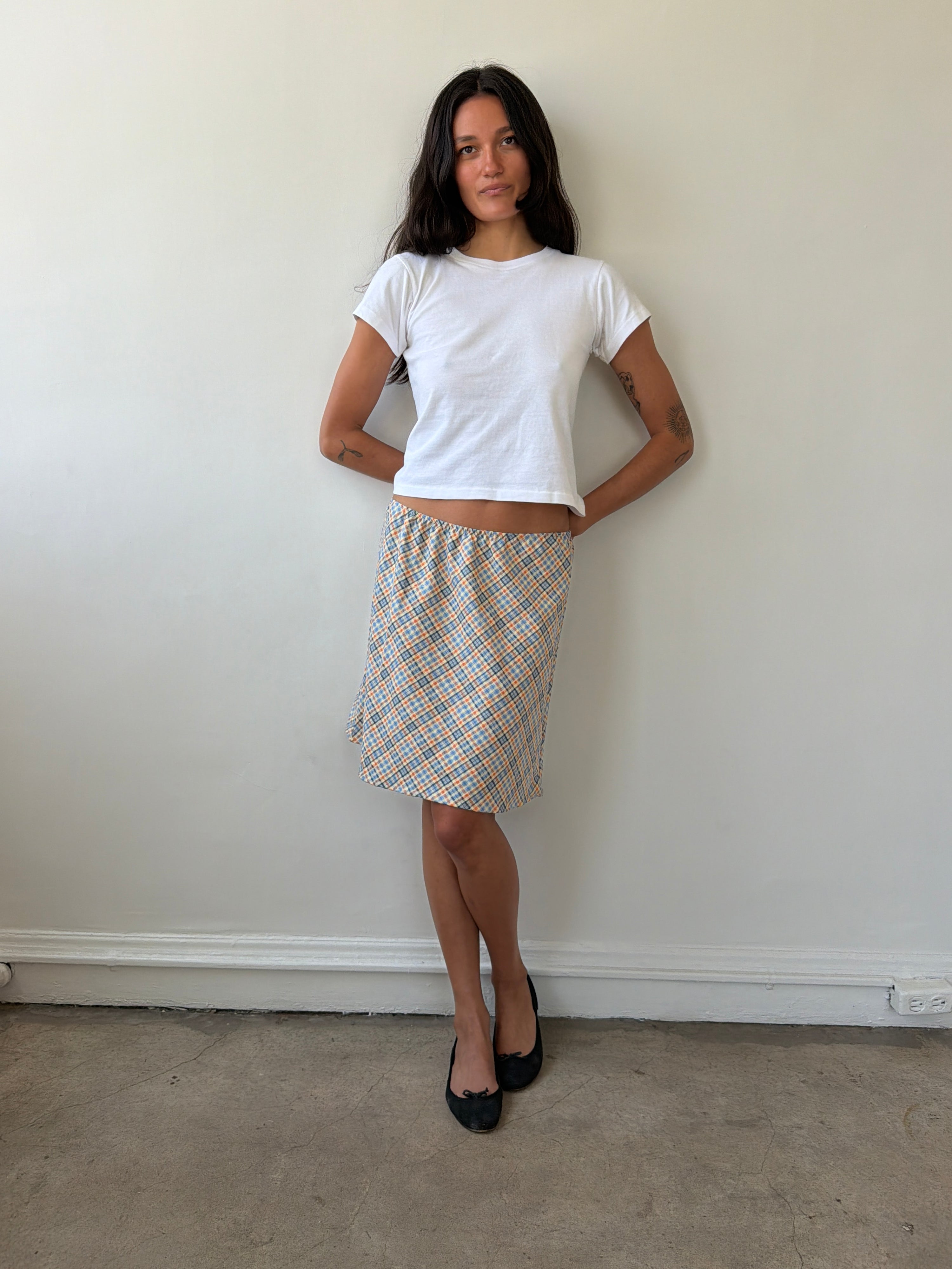 The 90's Bias Mini Skirt Orange and Blue Plaid