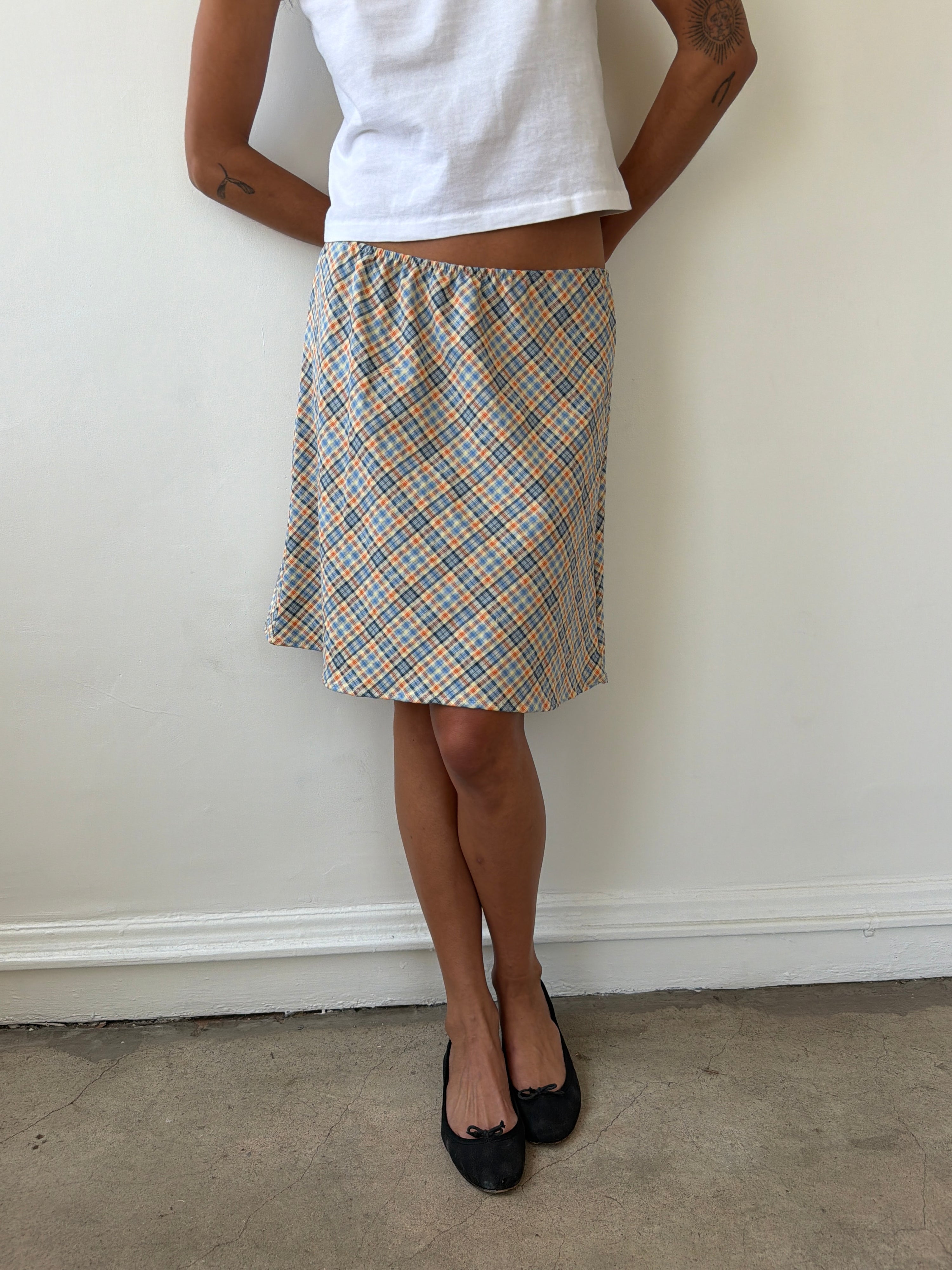 The 90's Bias Mini Skirt Orange and Blue Plaid
