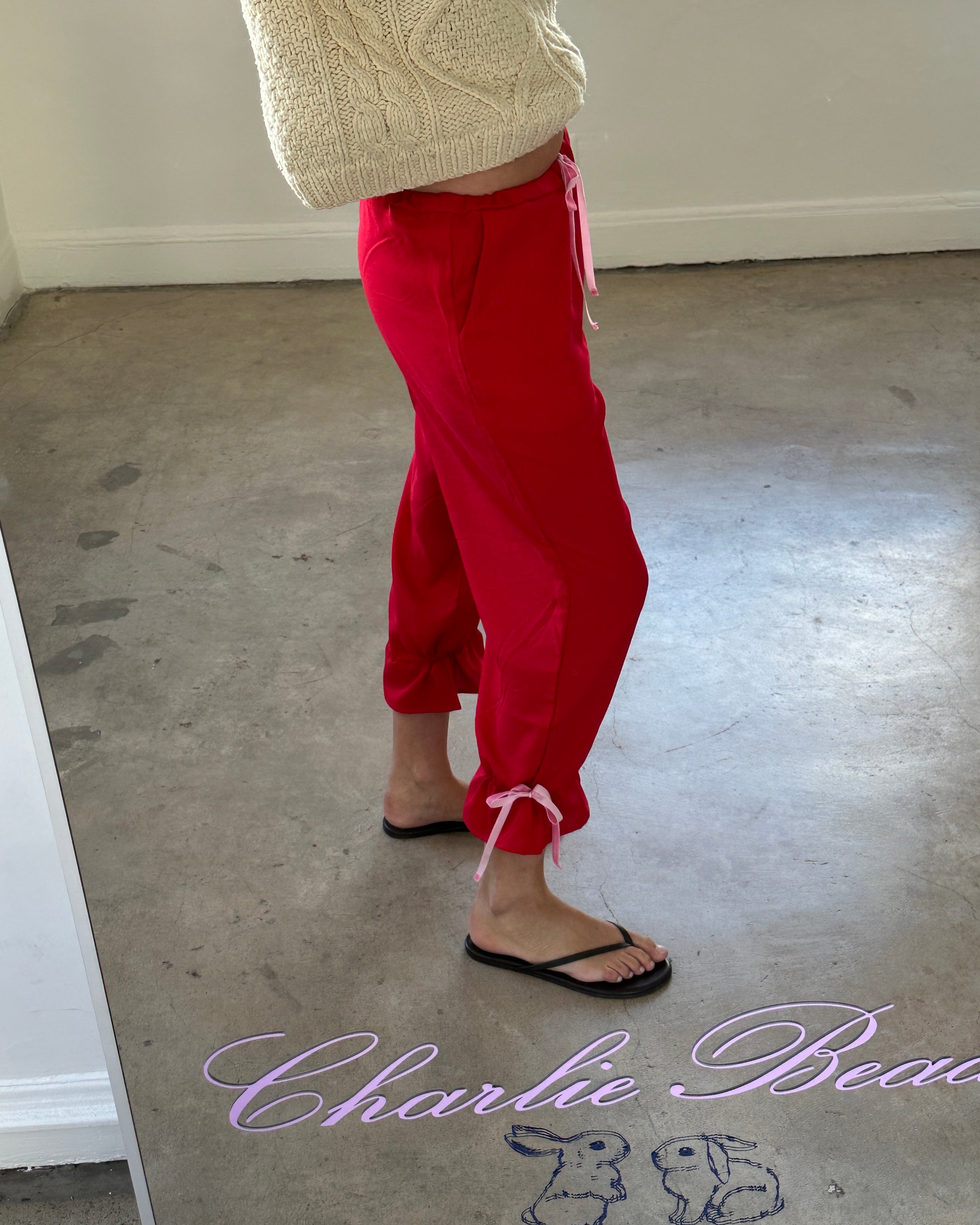 Women’s red capri cotton bloomers styled for lounging or sleepwear
