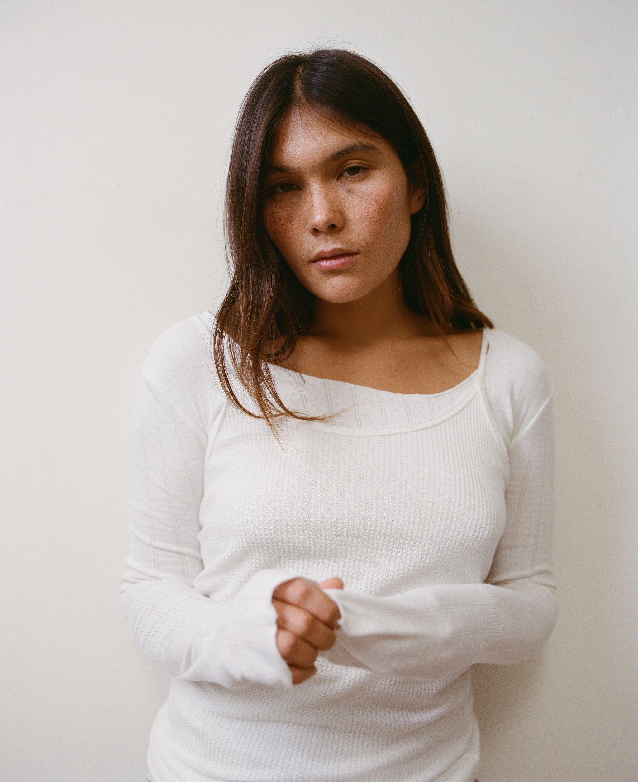 The Stretch Long Sleeve Pointelle White Tee